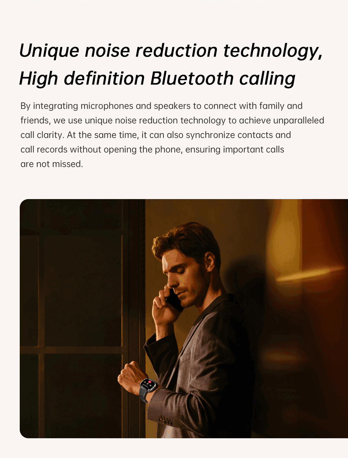 Man in a suit using a rugged smart watch with Bluetooth calling feature indoors, TUTT