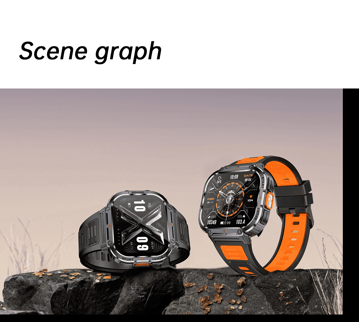 Two rugged smartwatches with orange bands displayed on rocks, outdoor setting, TUTT