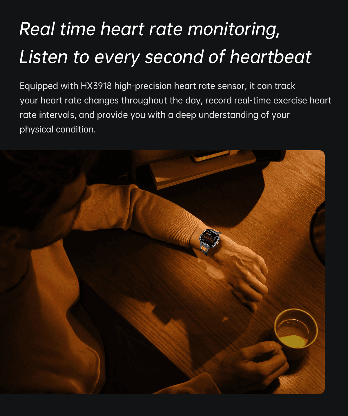 Man wearing rugged smart watch at wooden table with yellow cup, health tracking display visible, TUTT