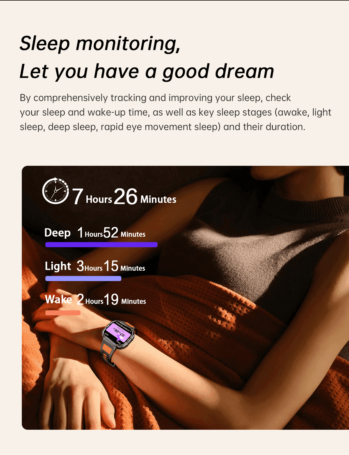 Woman in bed wearing rugged TUTT 20-dial smart watch with sleep monitoring display, health tracking. TUTT
