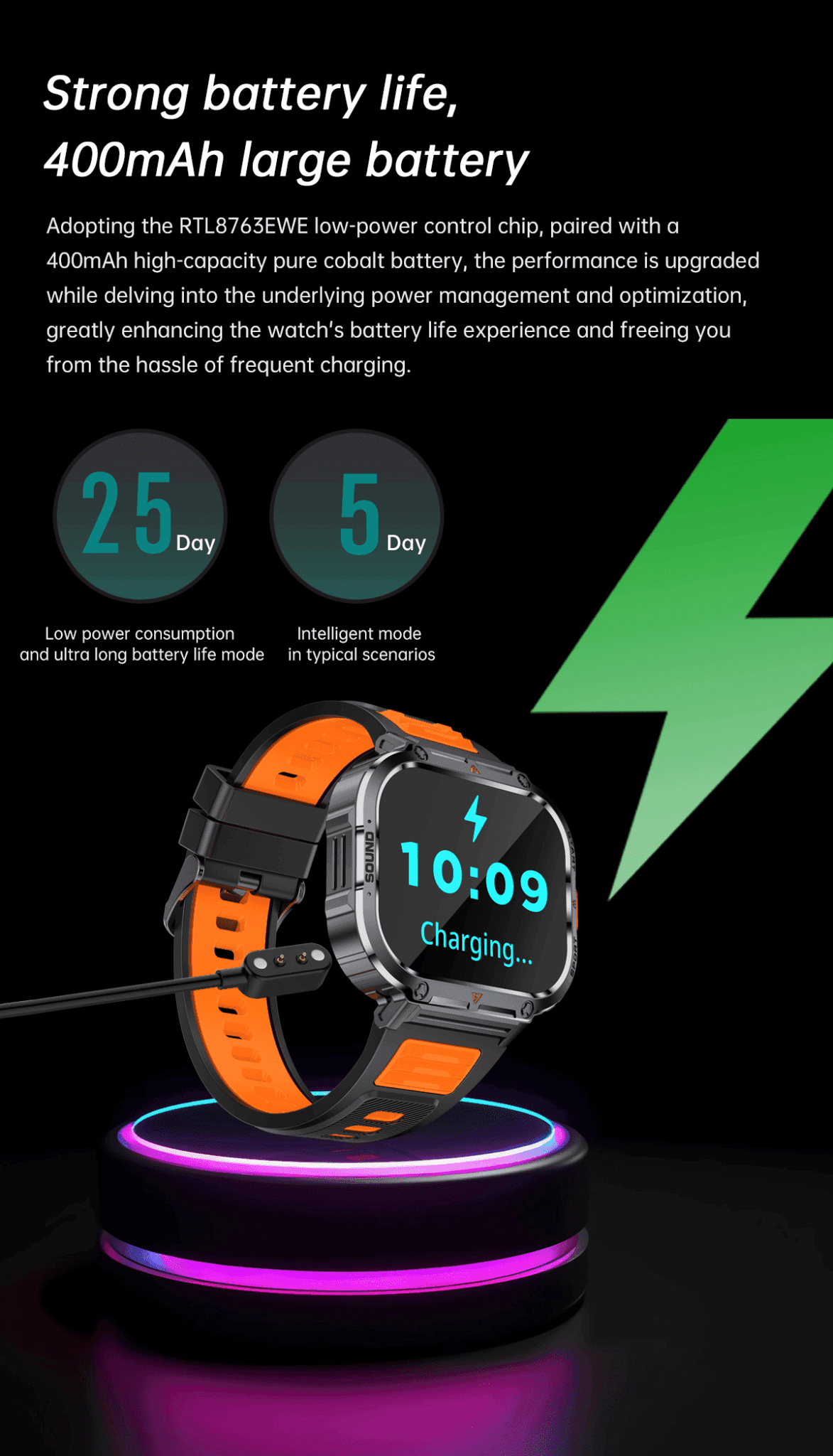 Rugged smart watch with orange-black strap charging on a stand, 400mAh battery life display, TUTT