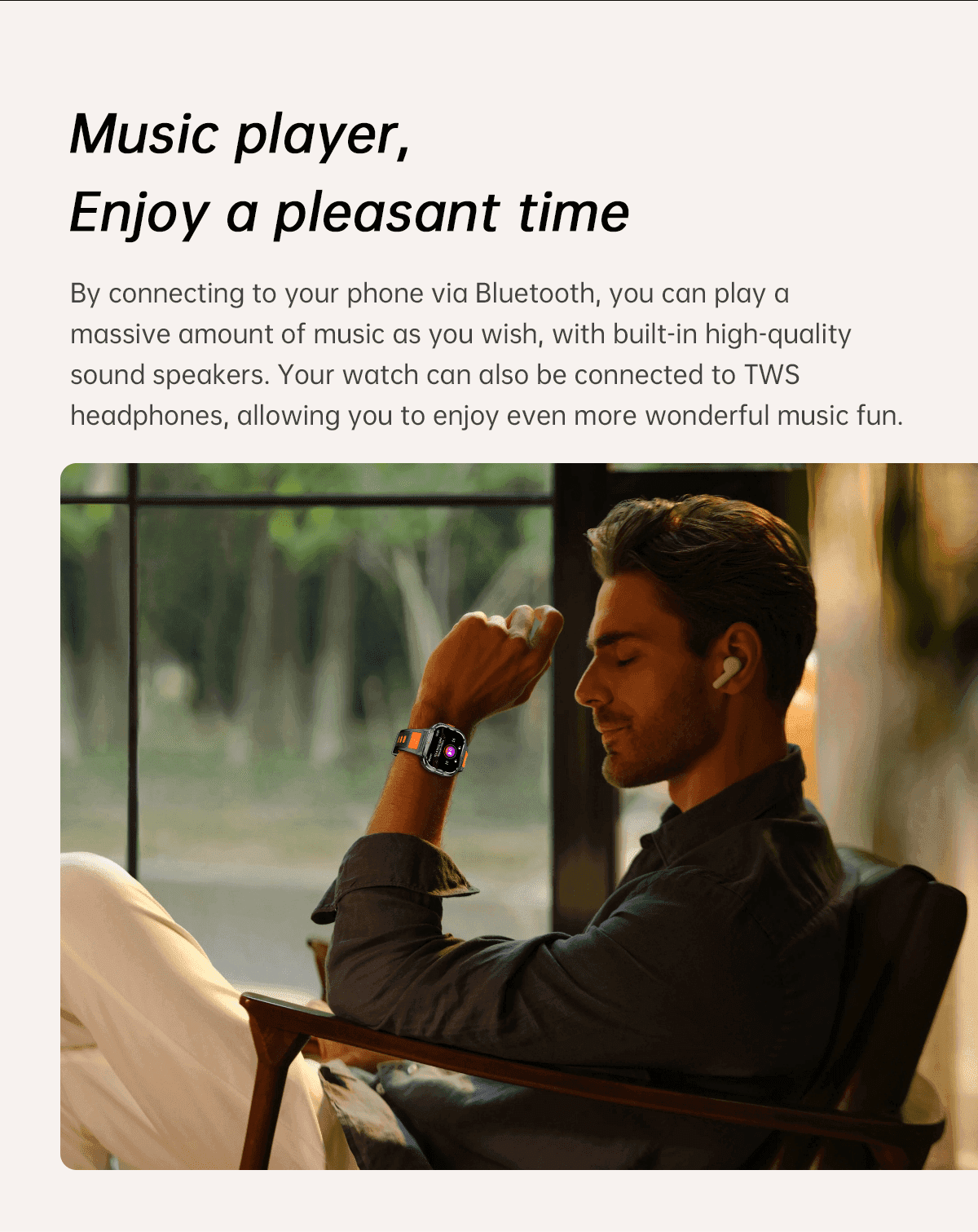 Man wearing rugged smart watch with colorful display, using wireless earbuds indoors, TUTT