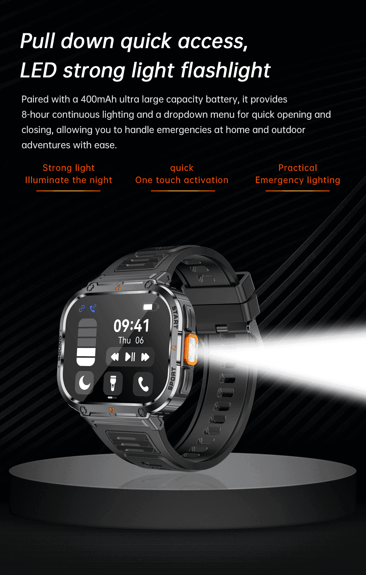 Rugged military smartwatch with LED flashlight feature, black band, fitness tracking, TUTT
