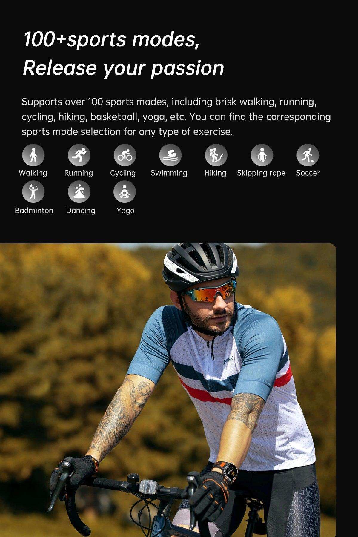 Man cycling outdoors wearing TUTT rugged smartwatch for fitness and health tracking, sports modes TUTT