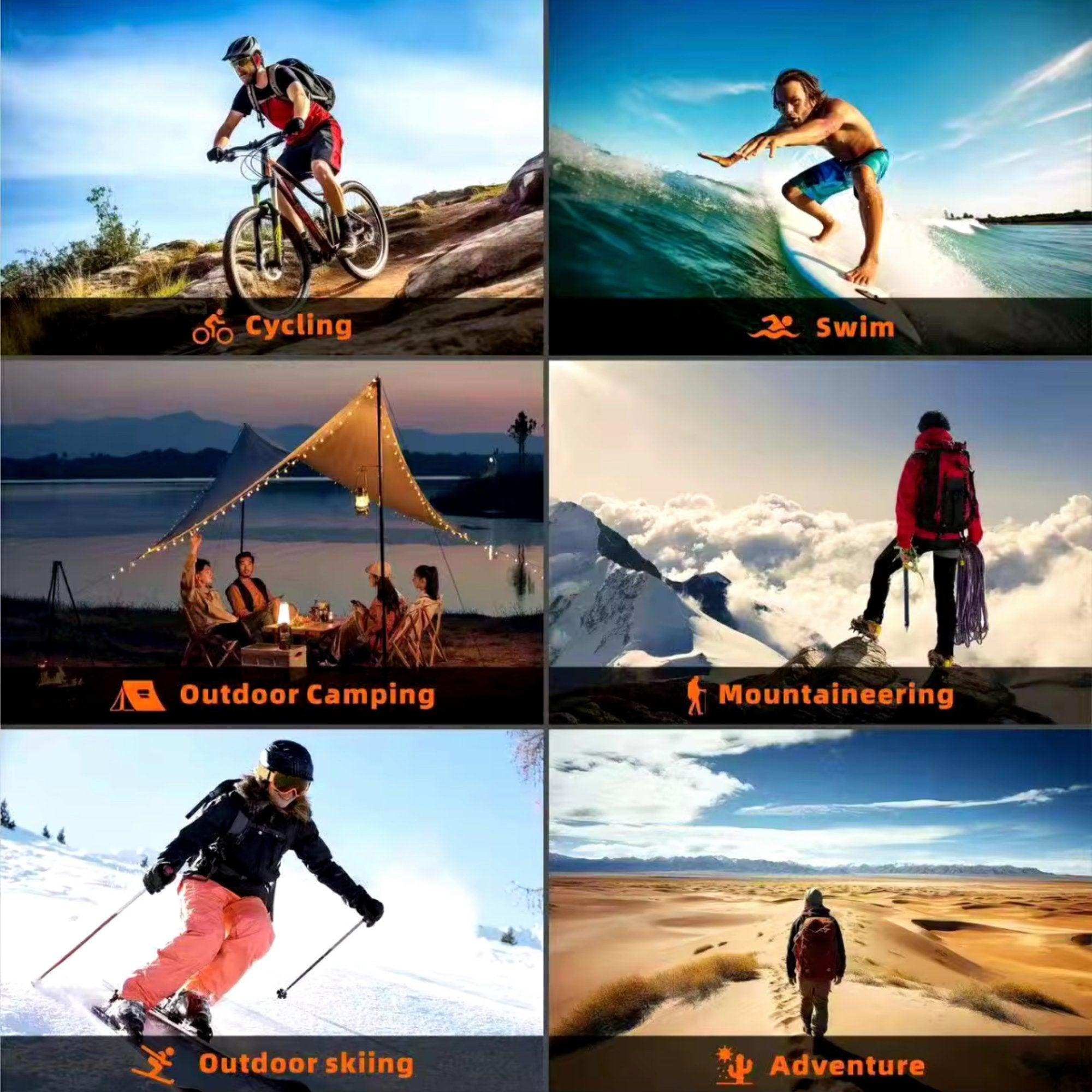 Collage of outdoor activities: cycling, surfing, camping, mountaineering, skiing, and desert adventure TUTT