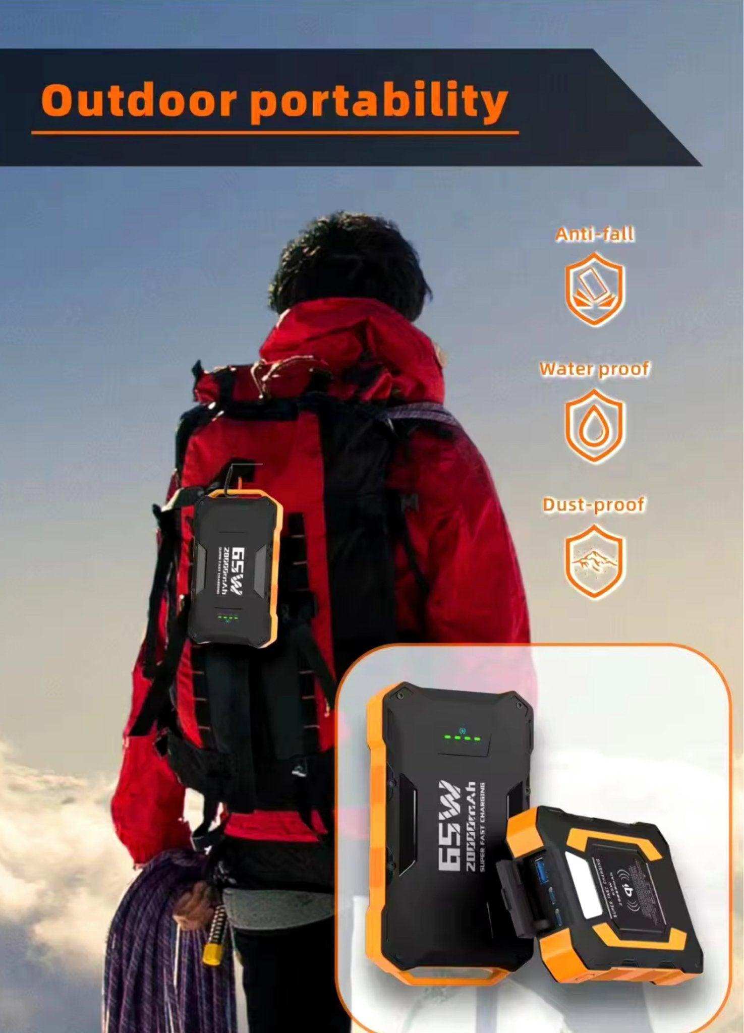 Rugged 65W 20000mAh portable power bank attached to hiker's backpack, outdoor waterproof TUTT