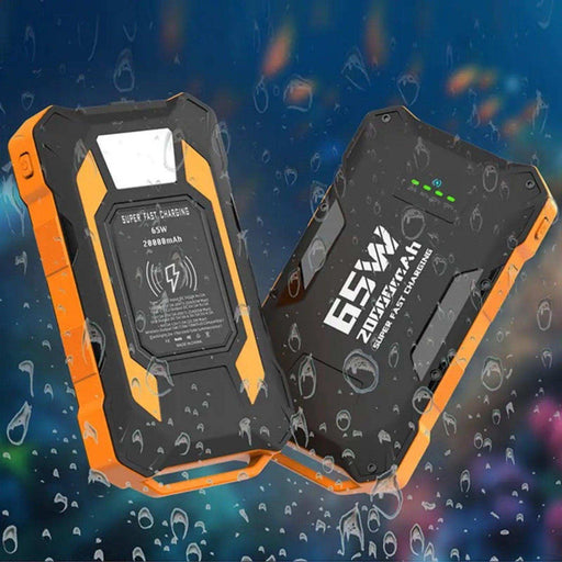 Rugged 20000mAh 65W portable power bank with waterproof case and LED flashlight, TUTT