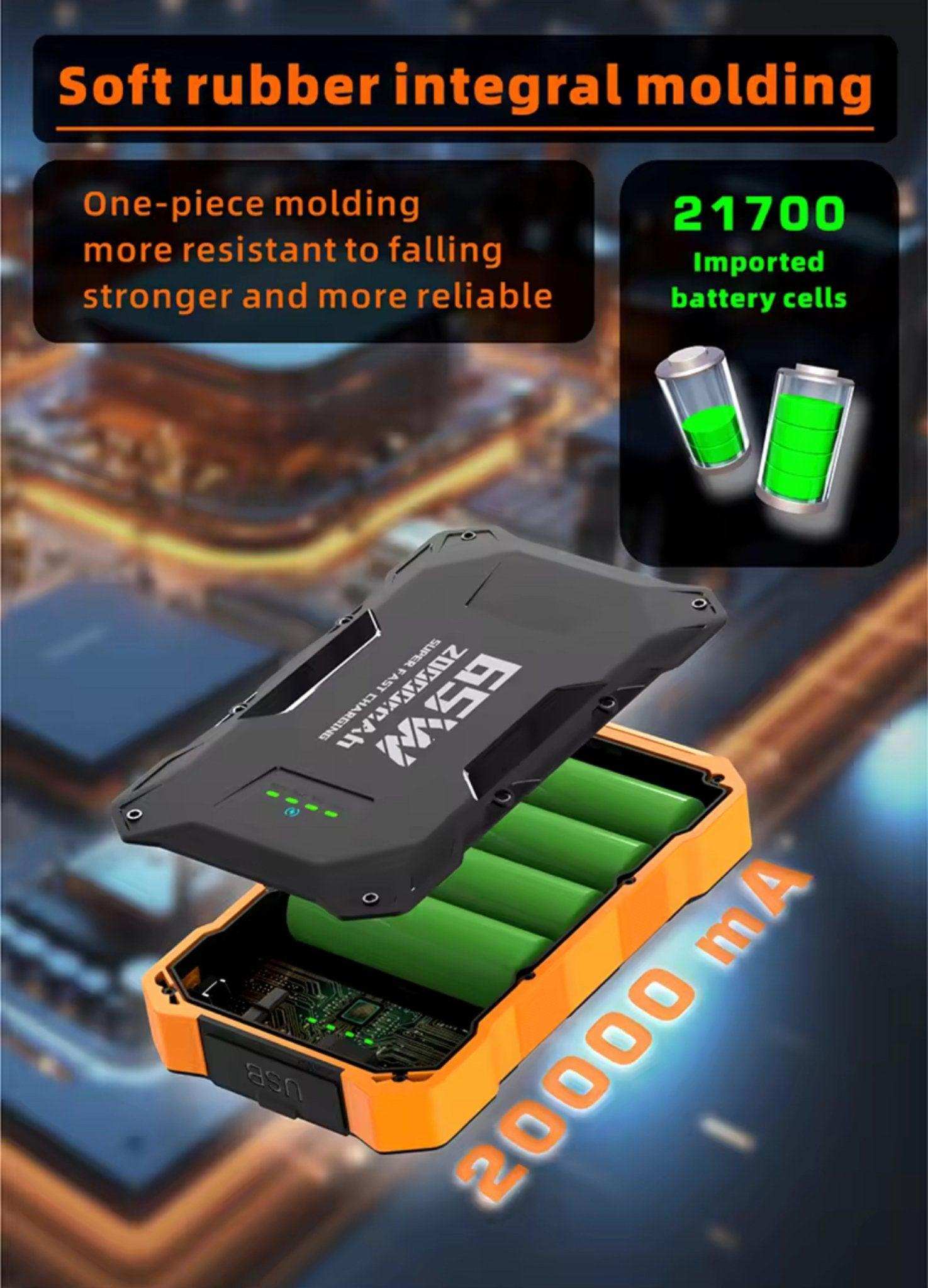 Rugged 20000mAh portable power bank with green battery cells and black-orange casing, TUTT