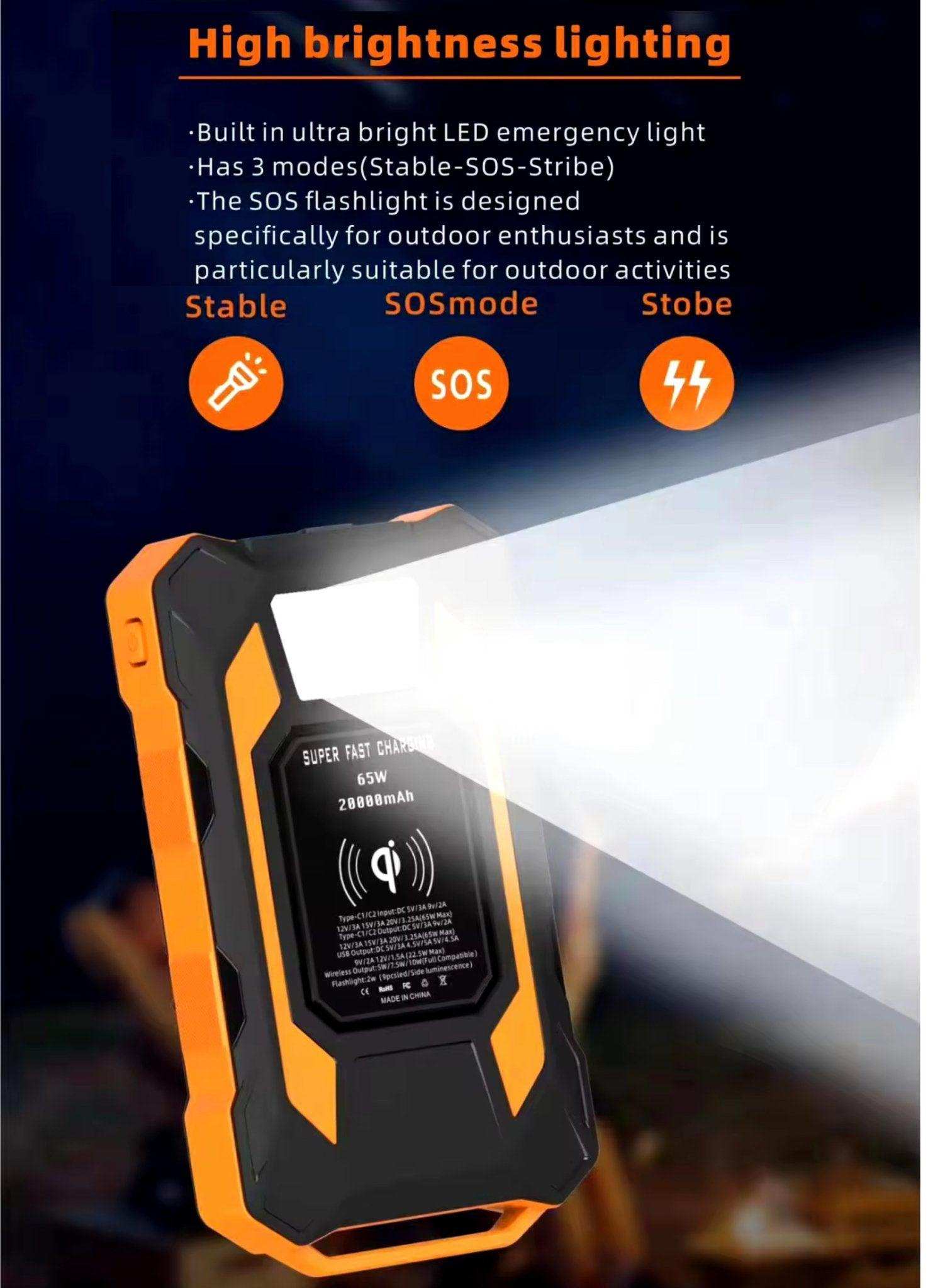 Rugged black and orange 20000mAh 65W power bank with LED flashlight and wireless charging, TUTT