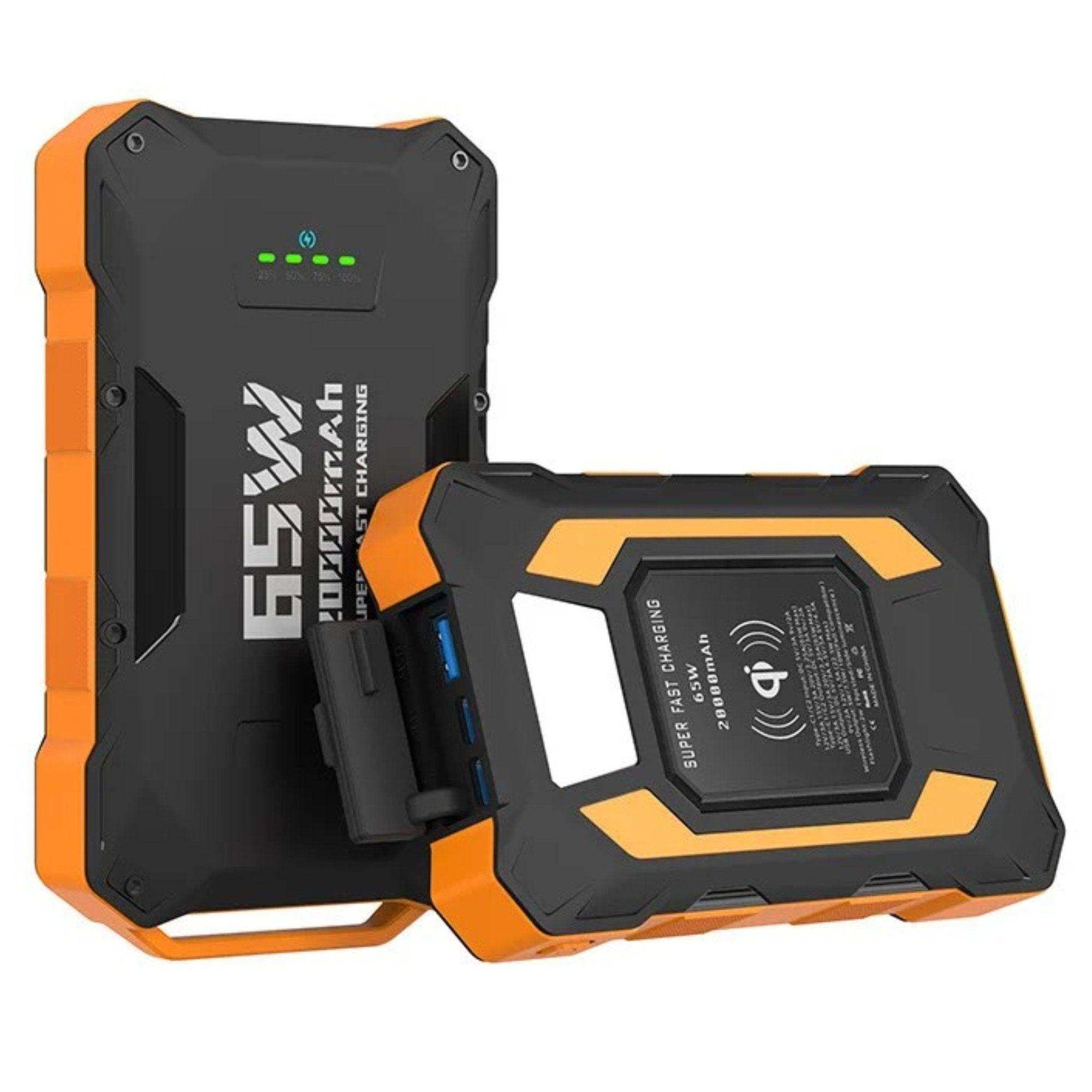 Rugged 20000mAh 65W portable power bank with wireless charging, USB ports, and orange-black design TUTT