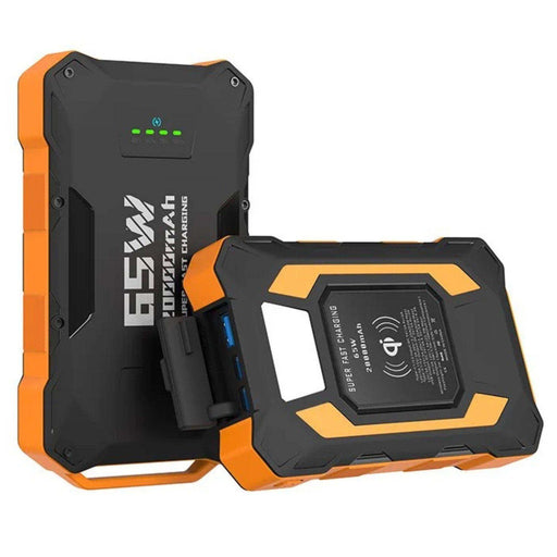 Rugged 20000mAh 65W portable power bank with wireless charging, USB ports, and orange-black design TUTT