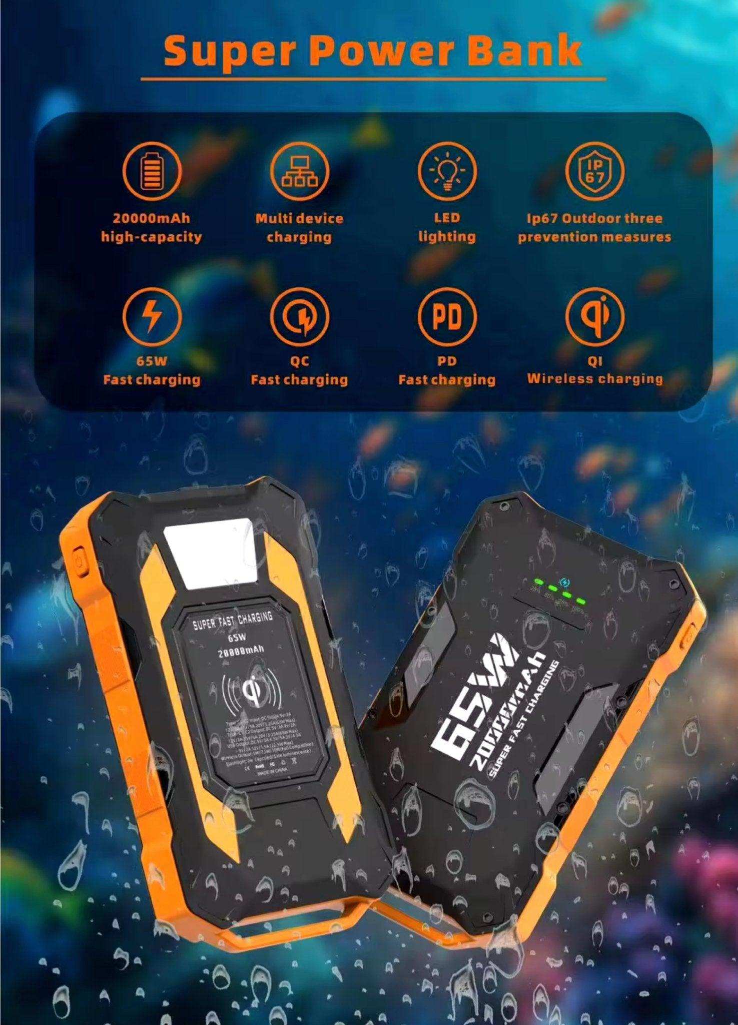 Rugged 20000mAh 65W power bank with fast charging and water-resistant features, TUTT