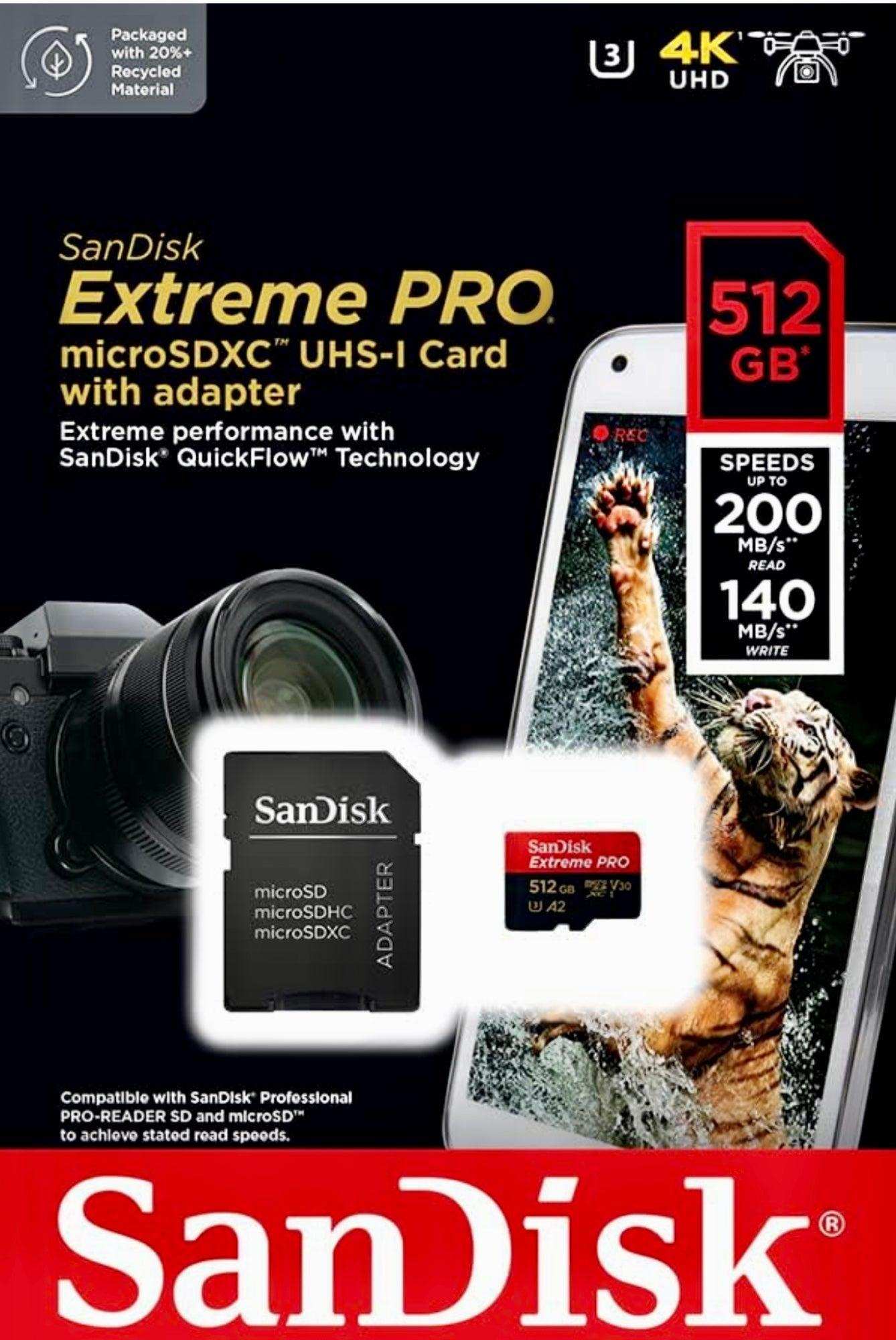 SanDisk Extreme PRO 512GB microSDXC UHS-I memory card with adapter, camera, and phone display. TUTT