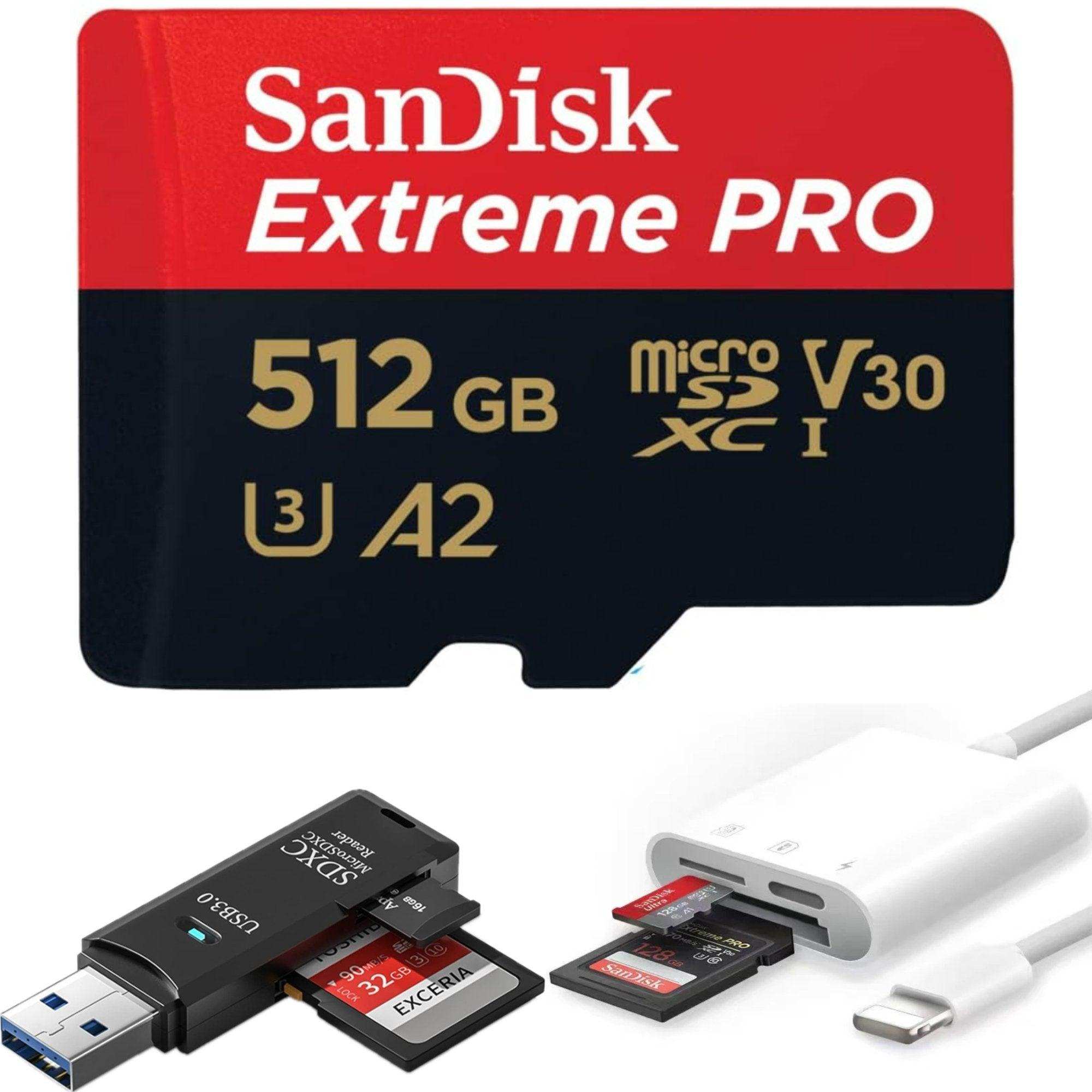 SanDisk Extreme PRO 512GB microSD card with USB 3.0 and Lightning SD card readers TUTT