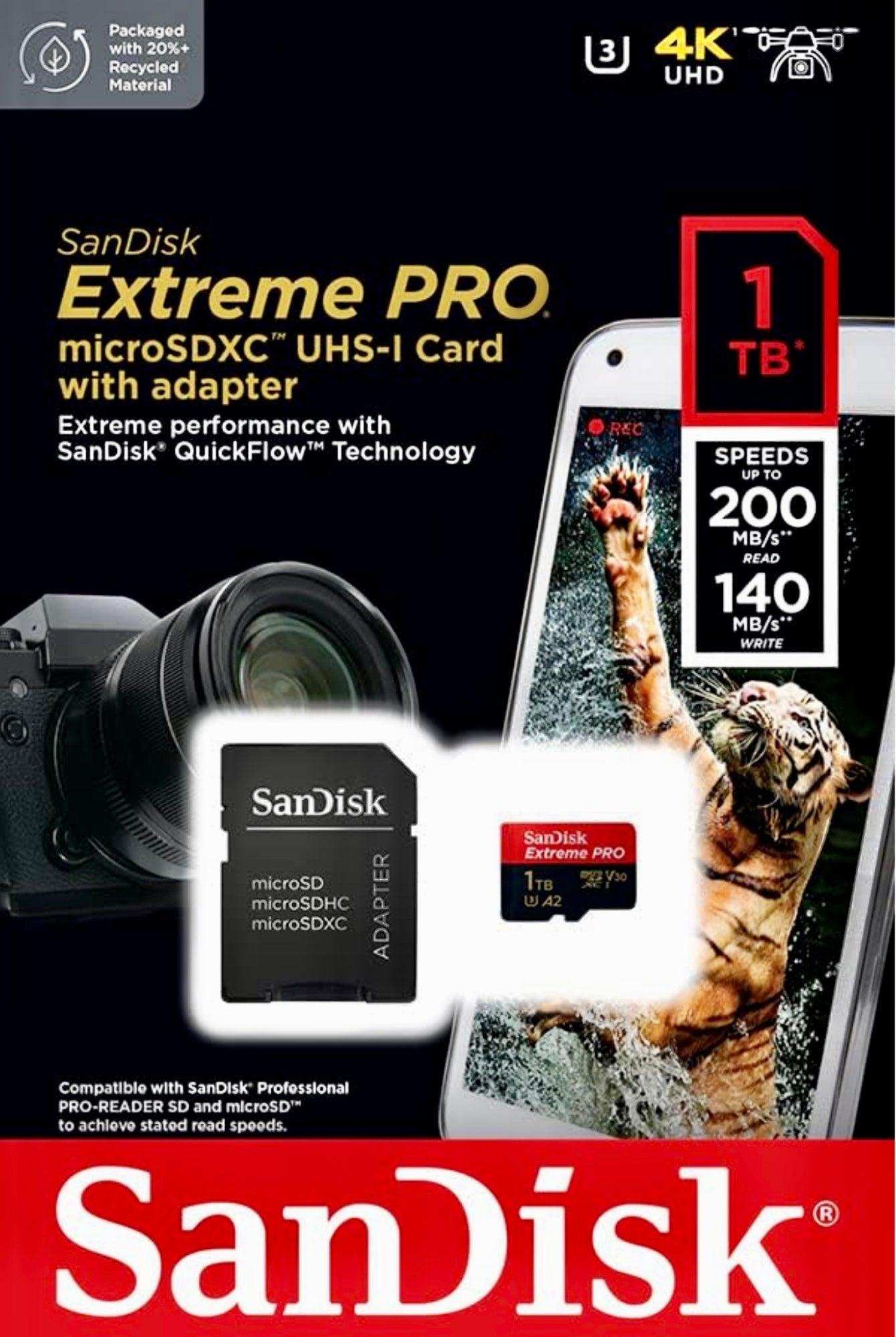 SanDisk Extreme PRO microSDXC UHS-I 1TB memory card with adapter, camera, phone, and tiger image, 4K UHD, up to 200MB/s speed. TUTT