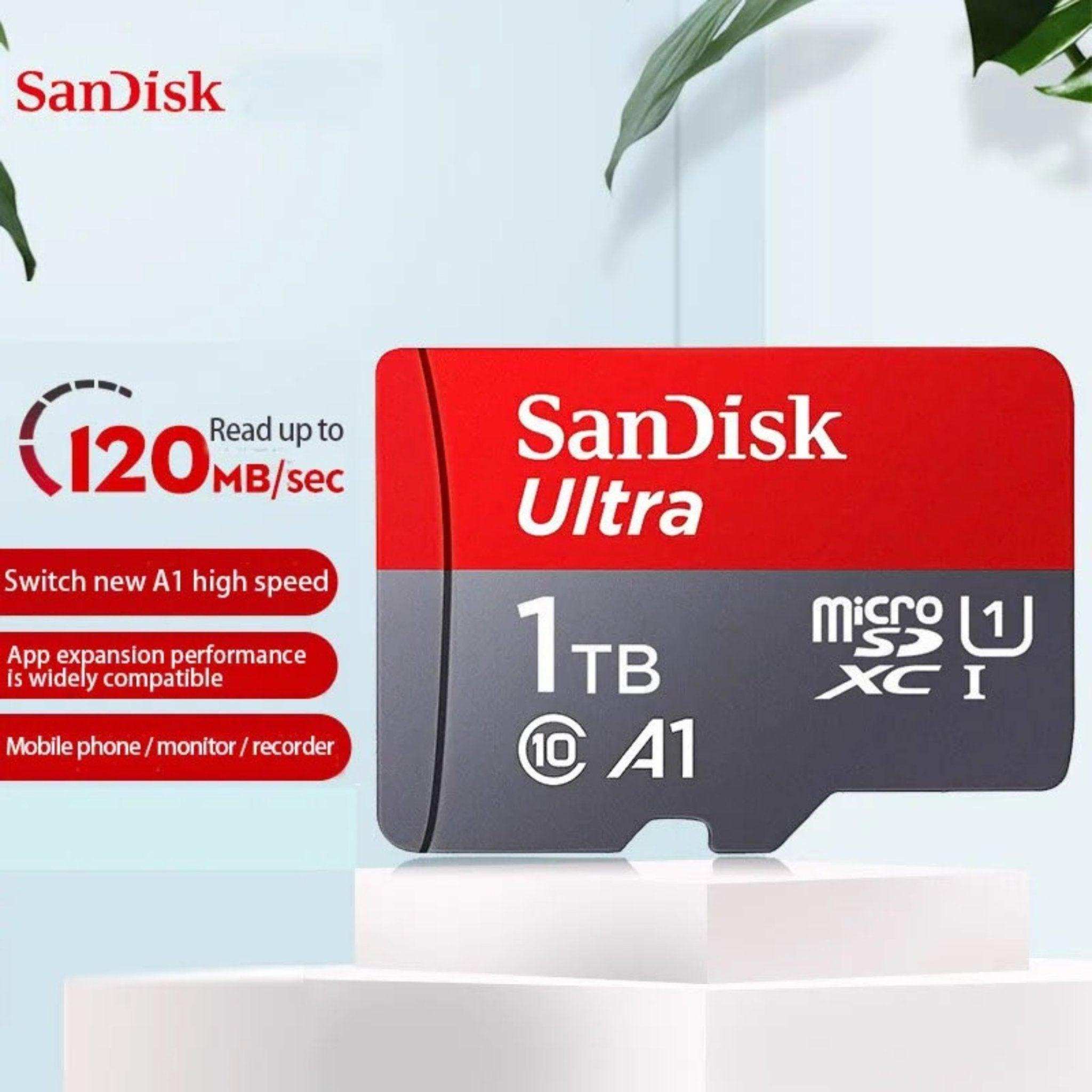 SanDisk Ultra 1TB microSDXC UHS-I memory card with 120MB/s speed in product display. TUTT