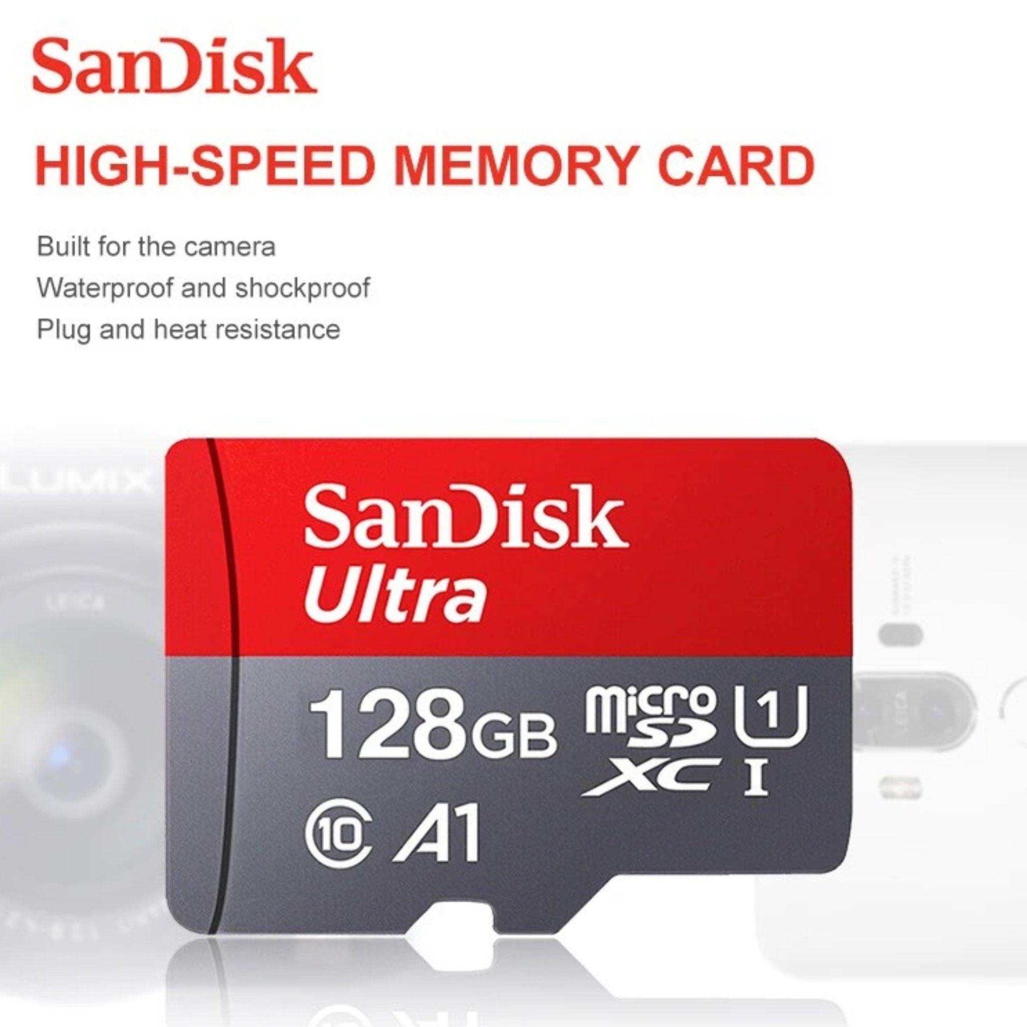 SanDisk Ultra 128GB microSDXC UHS-I memory card, high-speed, waterproof, shockproof, for cameras. TUTT