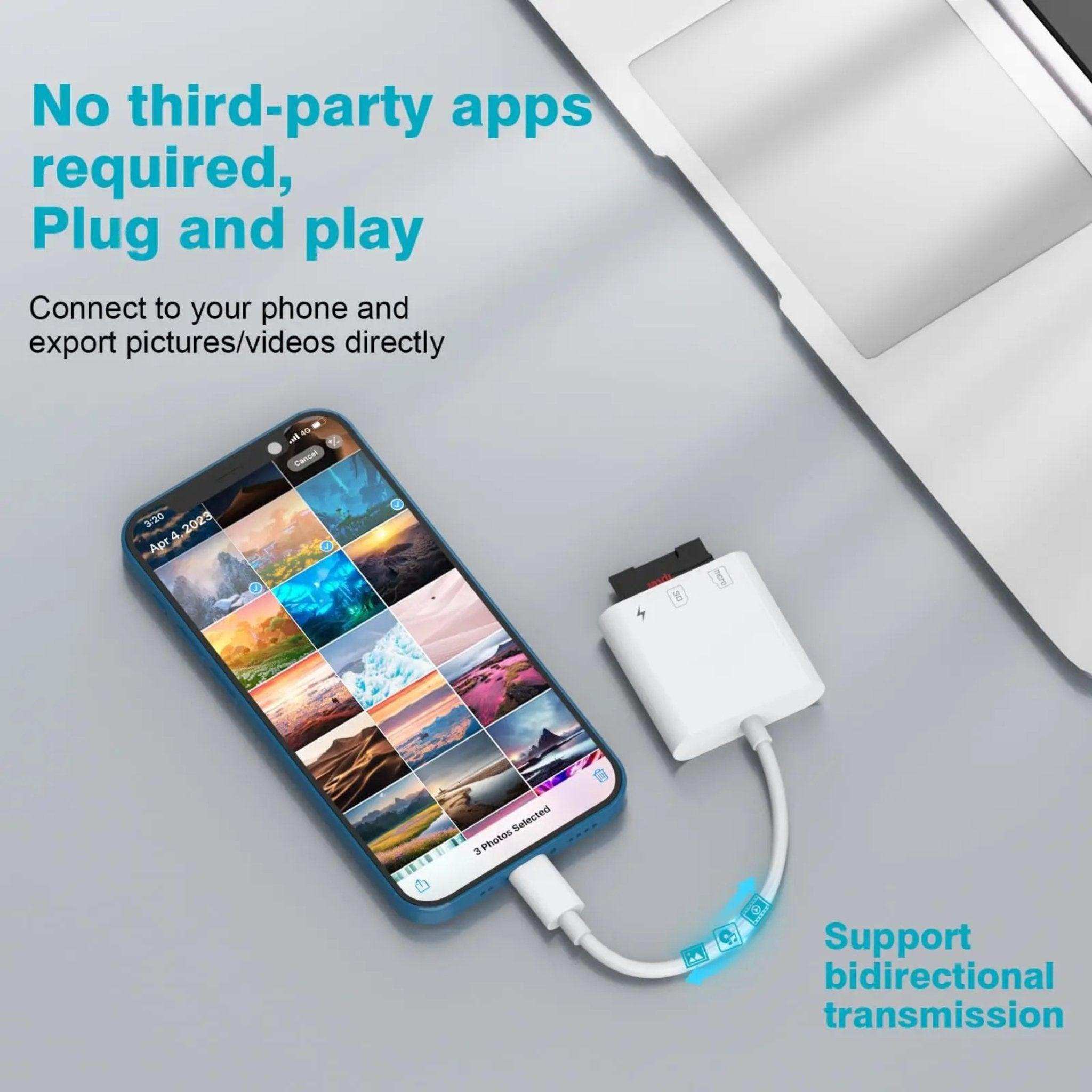 iPhone connected to SD card reader adapter, plug and play transfer solution for photos TUTT
