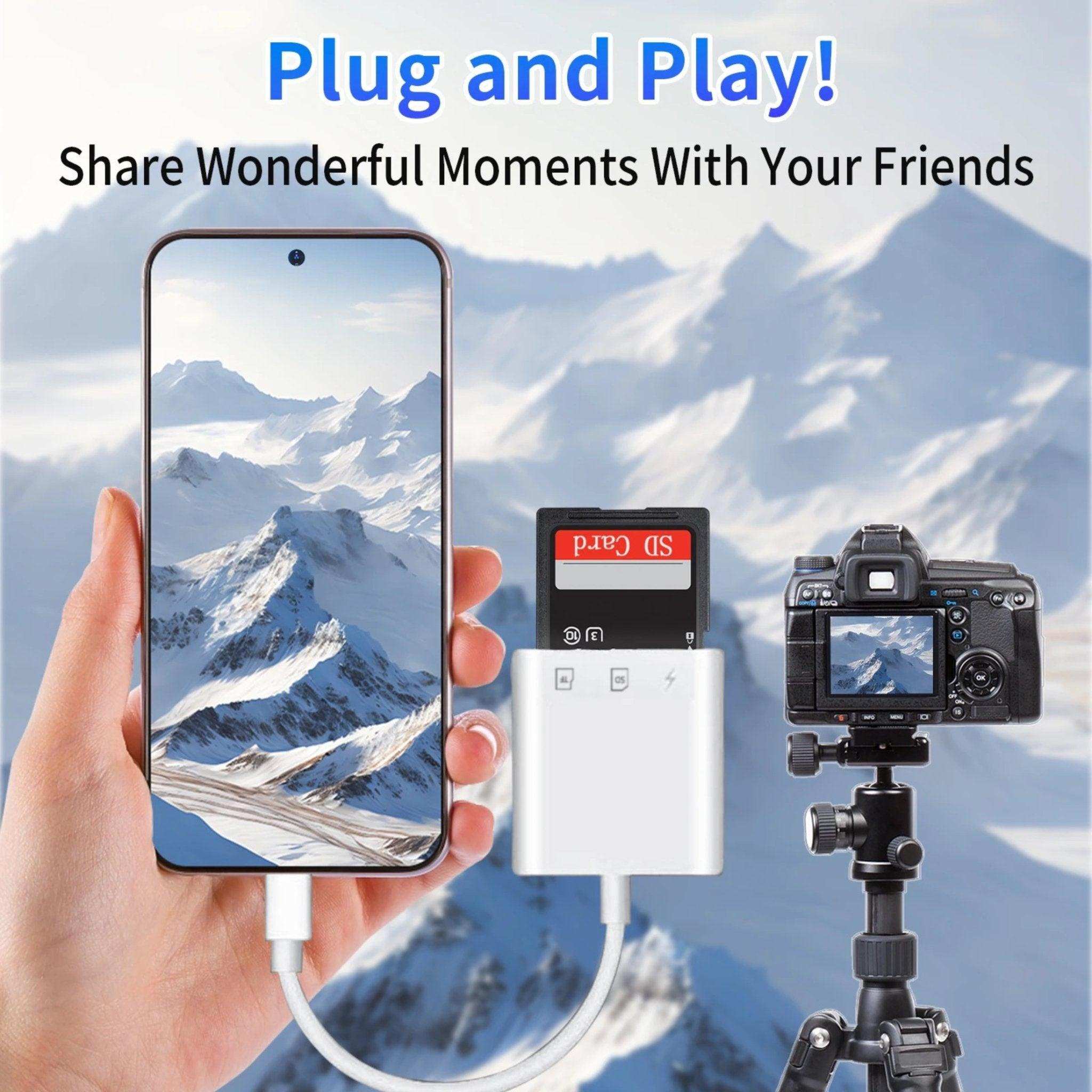SD card reader connects camera to smartphone, mountains on screen, plug and play feature TUTT