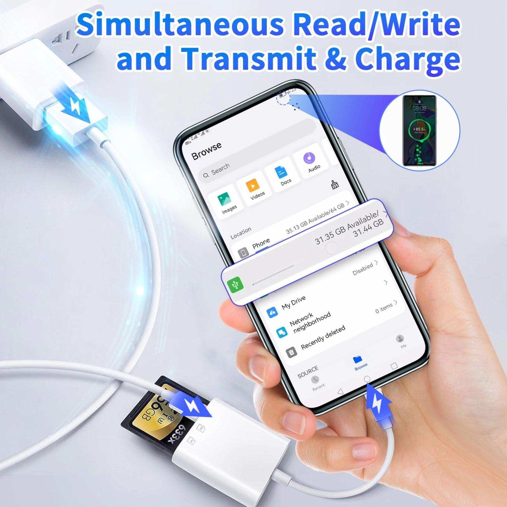 Hand holding phone connected to white 3-in-1 SanDisk SD card reader and charger, file transfer TUTT