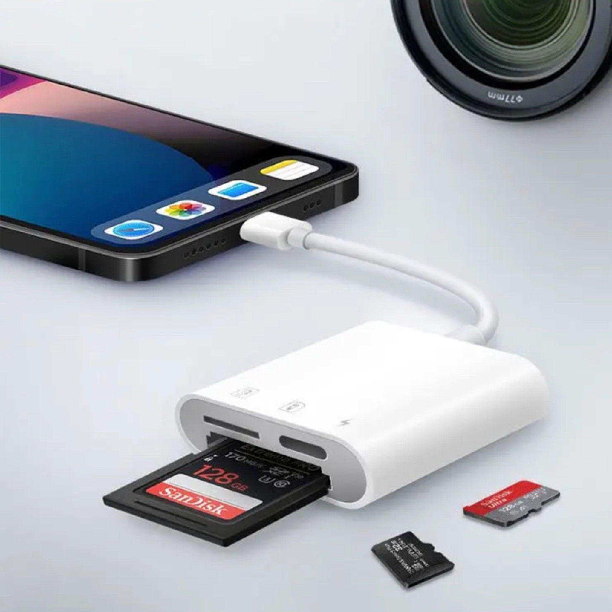 SanDisk 128GB SD card in a 3-in-1 white SD card reader connected to iPhone, microSD cards nearby TUTT