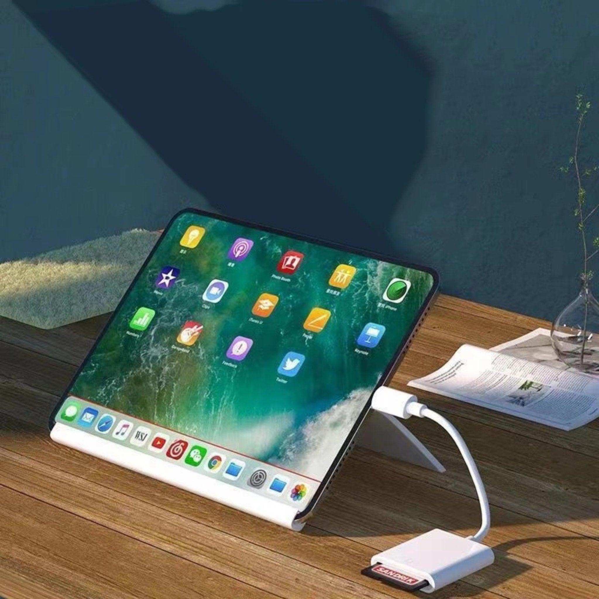 iPad on a wooden desk using a white 2-in-1 SD card reader with SanDisk microSD card TUTT