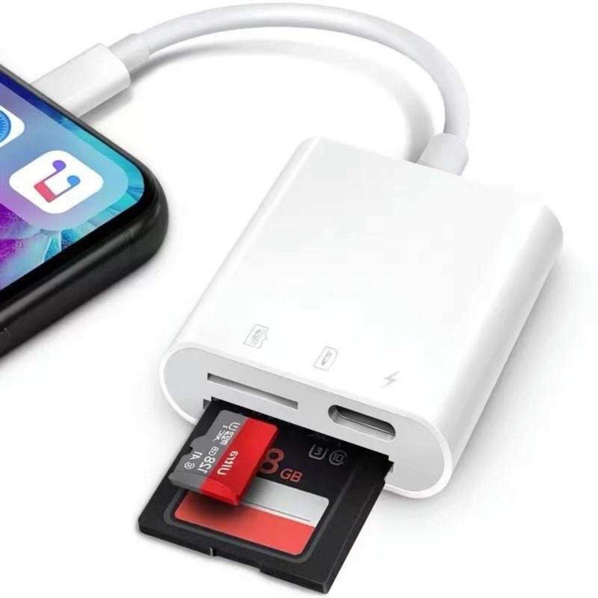3-in-1 USB SD card reader with microSD and SD card connected to iPhone. TUTT