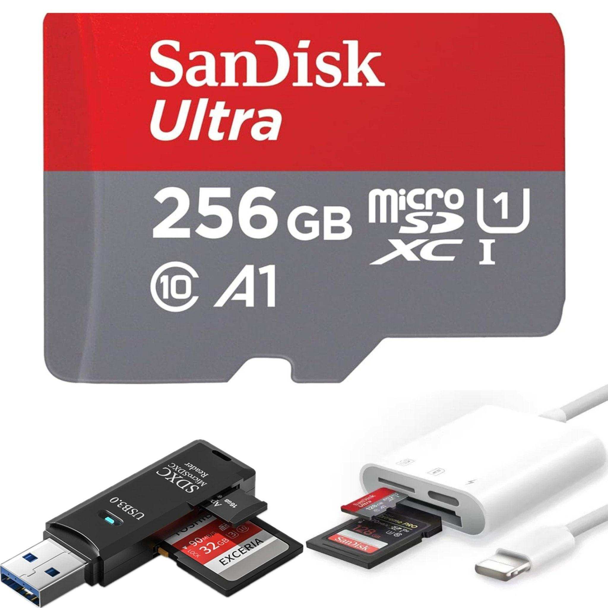 SanDisk Ultra 256GB microSD card, USB 3.0 SD card reader, and Lightning SD reader TUTT
