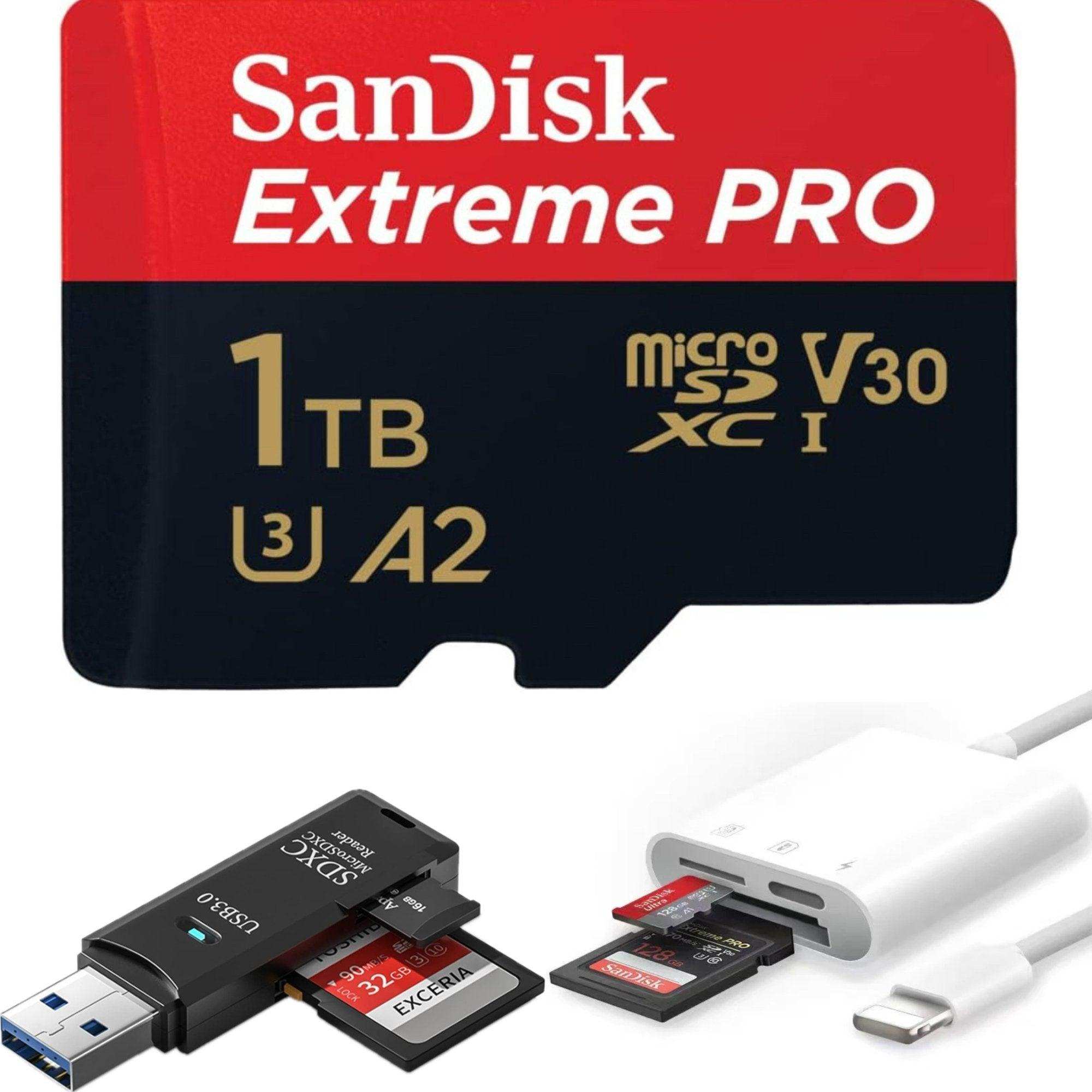 SanDisk Extreme Pro 1TB microSD card with dual SD card readers for USB 3.0 and Lightning TUTT
