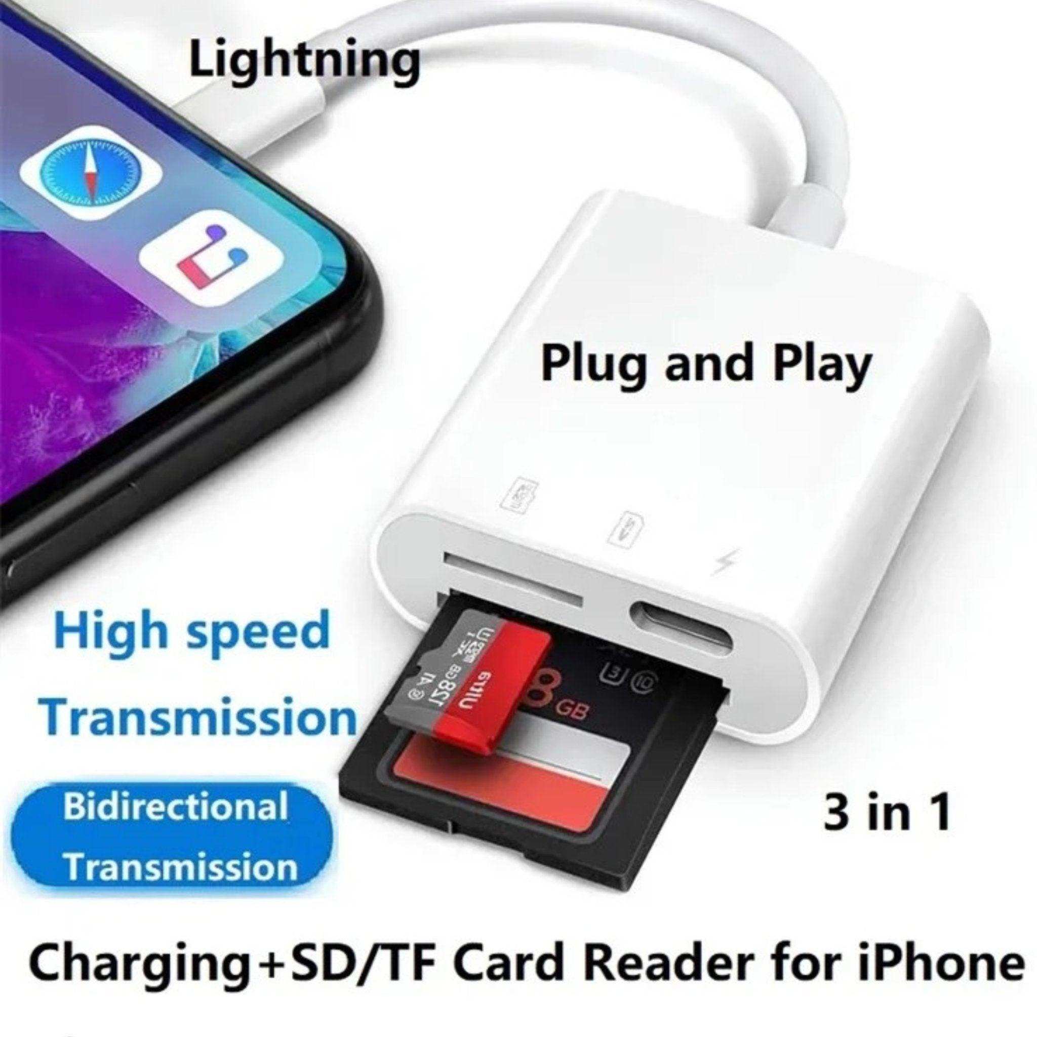 3-in-1 SD TF card reader for iPhone with lightning connector, plug and play, charging TUTT