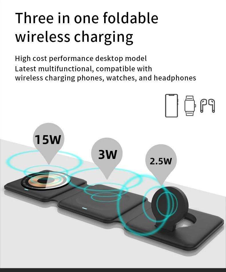 Three-in-one foldable wireless charger for phone, smartwatch, and earbuds, black, TUTT