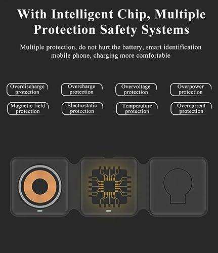 TUTT 3-in-1 wireless foldable charger station safety features with intelligent chip and multiple protection icons, black background. TUTT