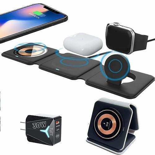 3-in-1 wireless magnetic foldable charging station charging iPhone, AirPods, and smartwatch with included 30W adapter, TUTT