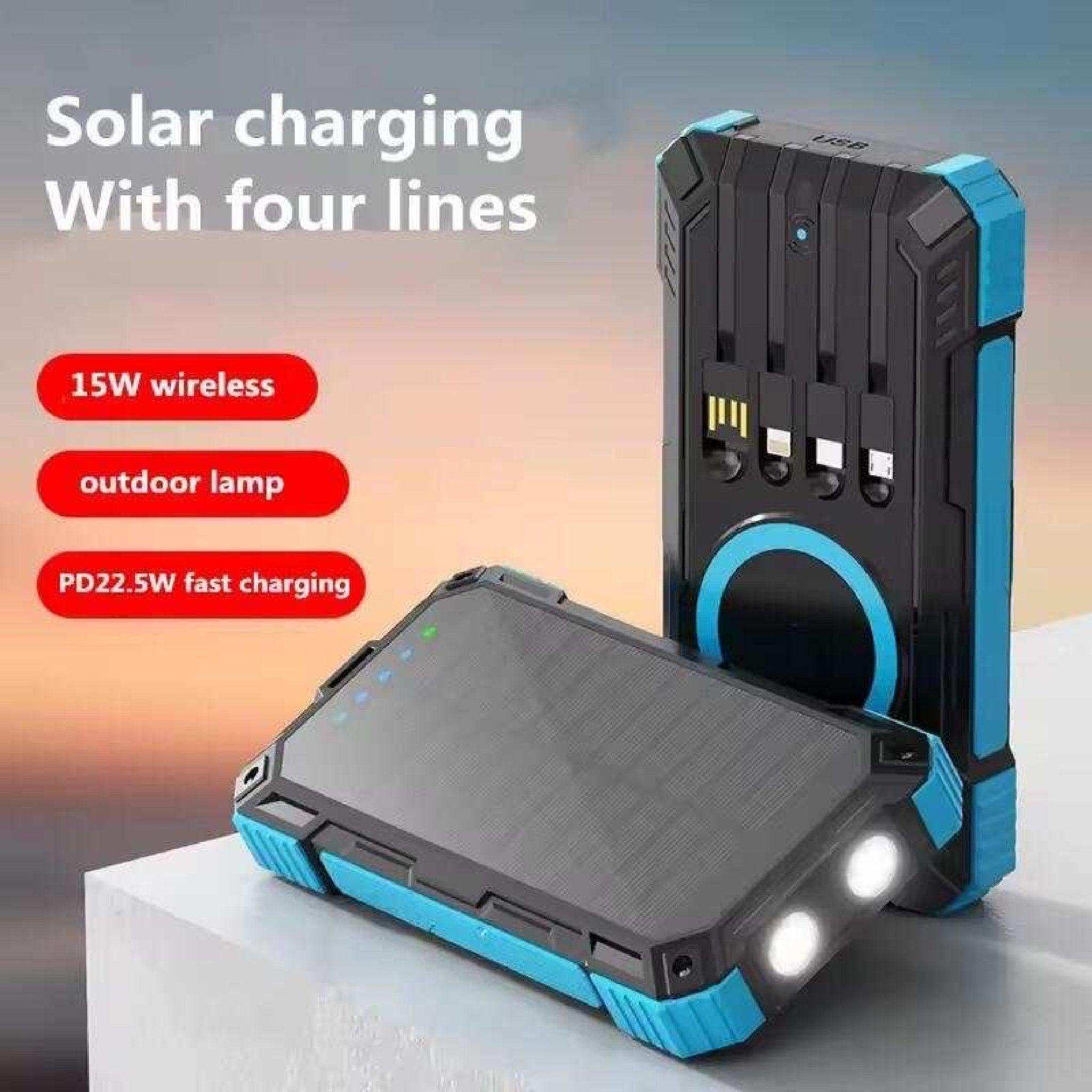 Rugged black and blue solar power bank with four built-in charging cables and dual outdoor flashlights TUTT