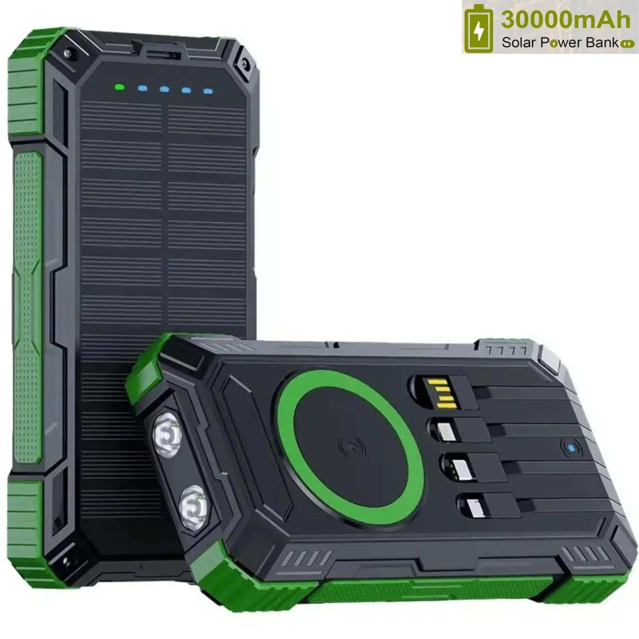 Rugged black and green 30000mAh solar power bank with built-in cables and LED lights, TUTT
