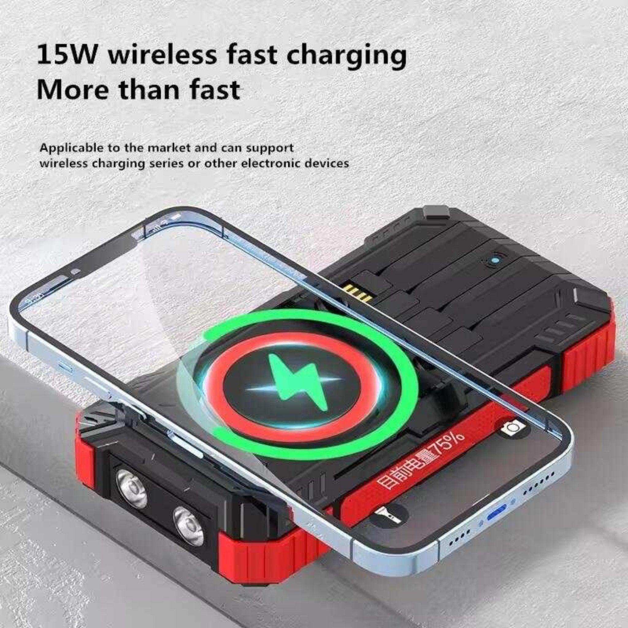 Rugged black and red portable power bank wirelessly fast charging a smartphone with 15W output and dual LED lights TUTT