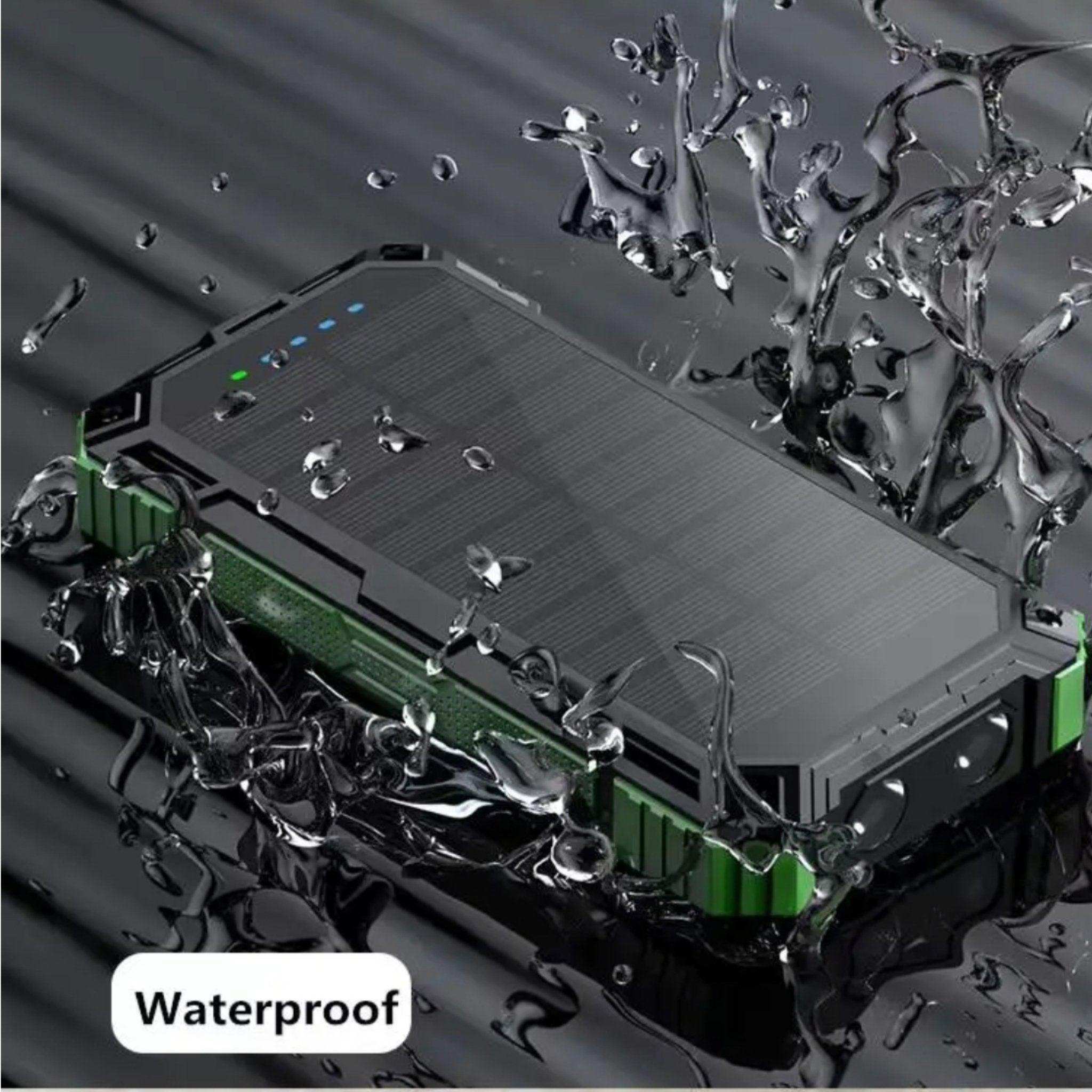 Rugged waterproof solar power bank with LED indicators charging in splashing water TUTT