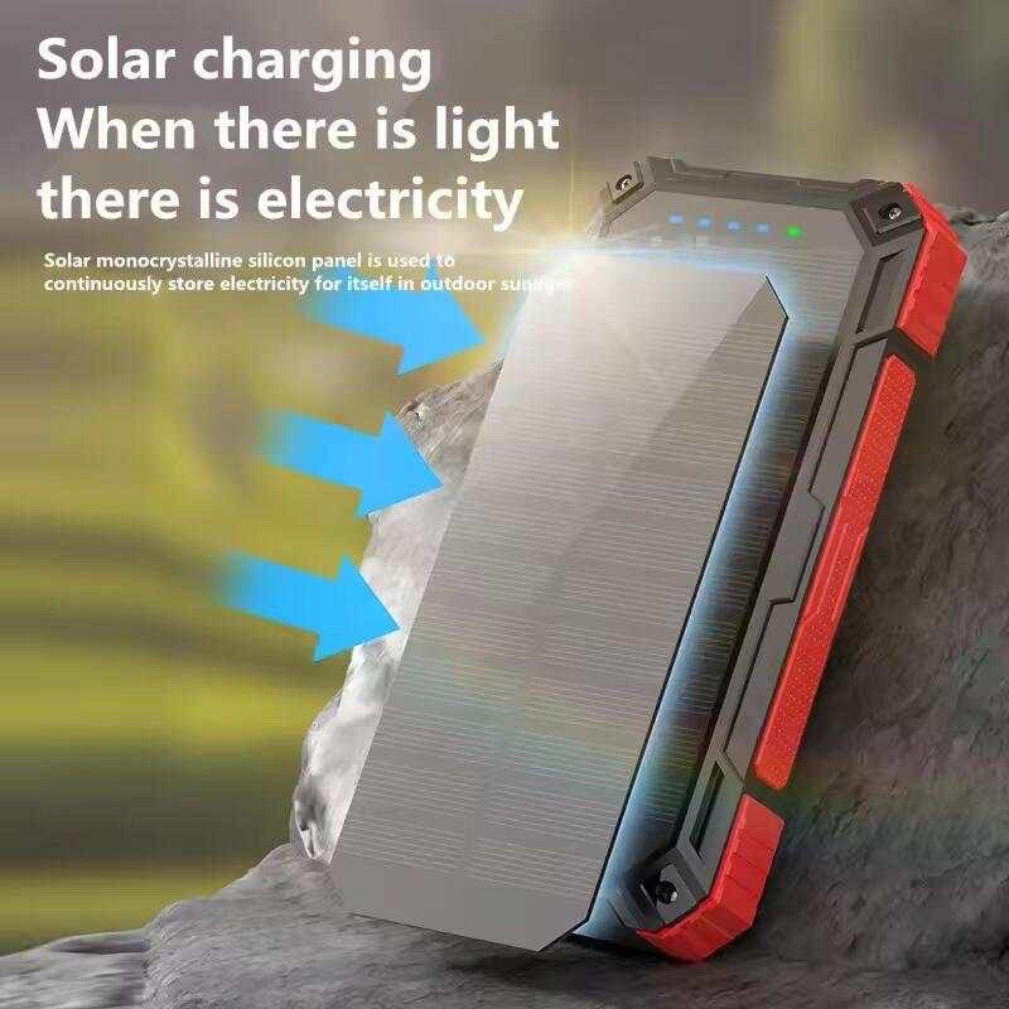 Rugged portable solar power bank with monocrystalline silicon panel charging via sunlight on a rock outdoors TUTT
