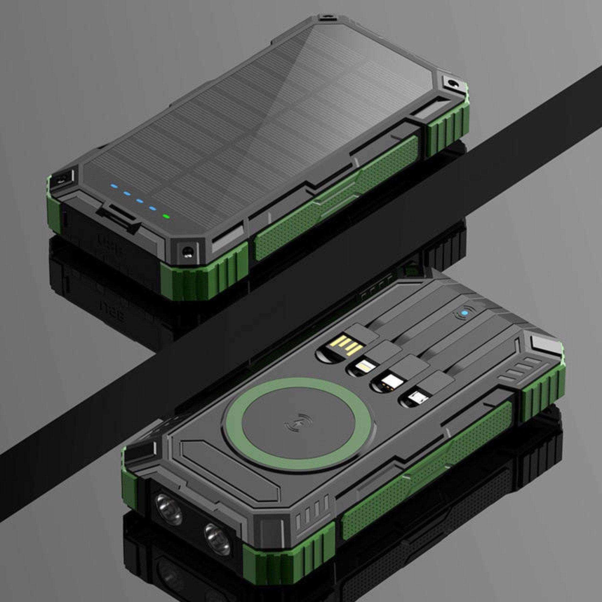Rugged black and green solar power bank with built-in USB cables and wireless charging, TUTT