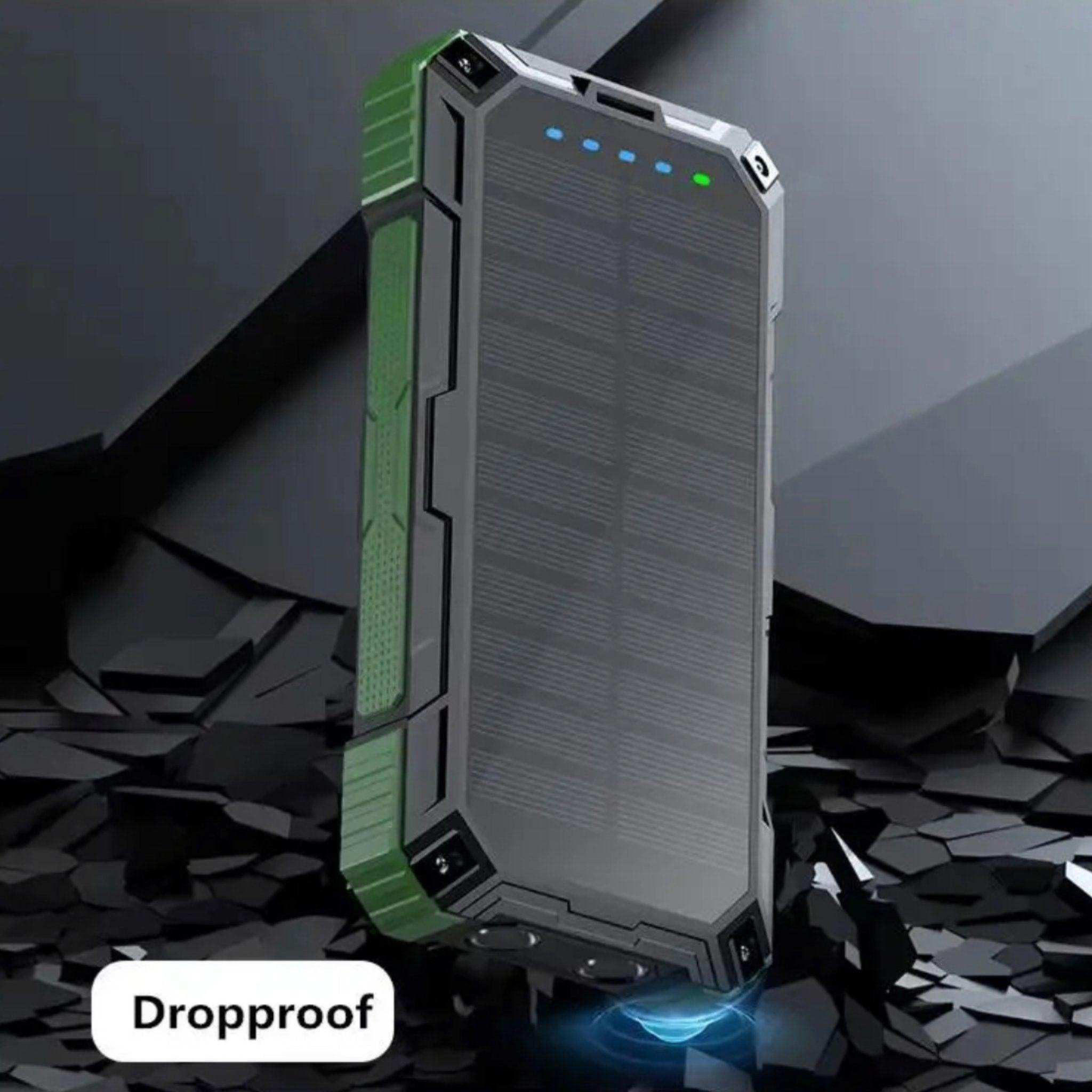 Rugged 30000mAh solar portable power bank with green accents, waterproof, marked dropproof, TUTT