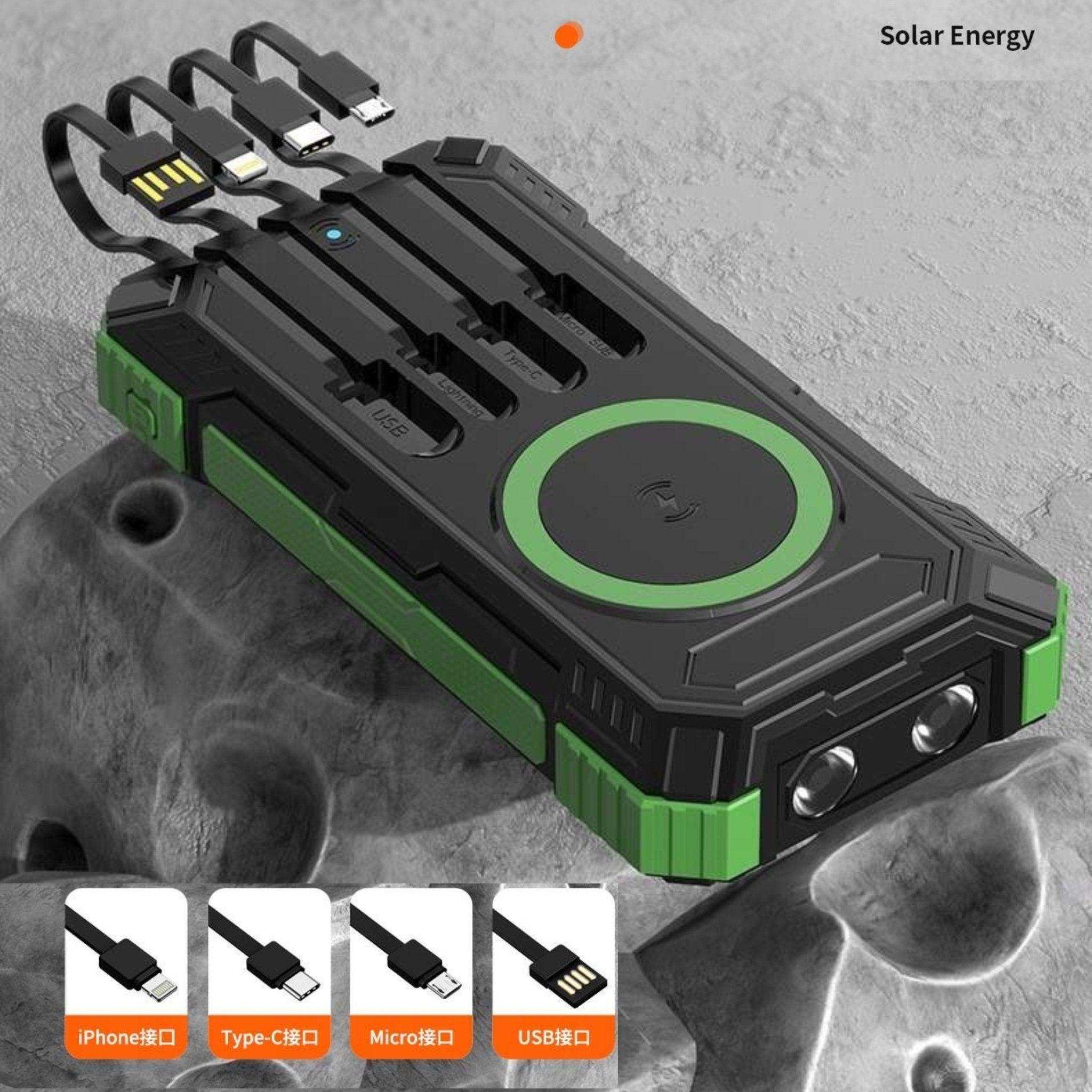 30000mAh rugged portable solar power bank with 4 built-in USB cables, green-black, waterproof. TUTT