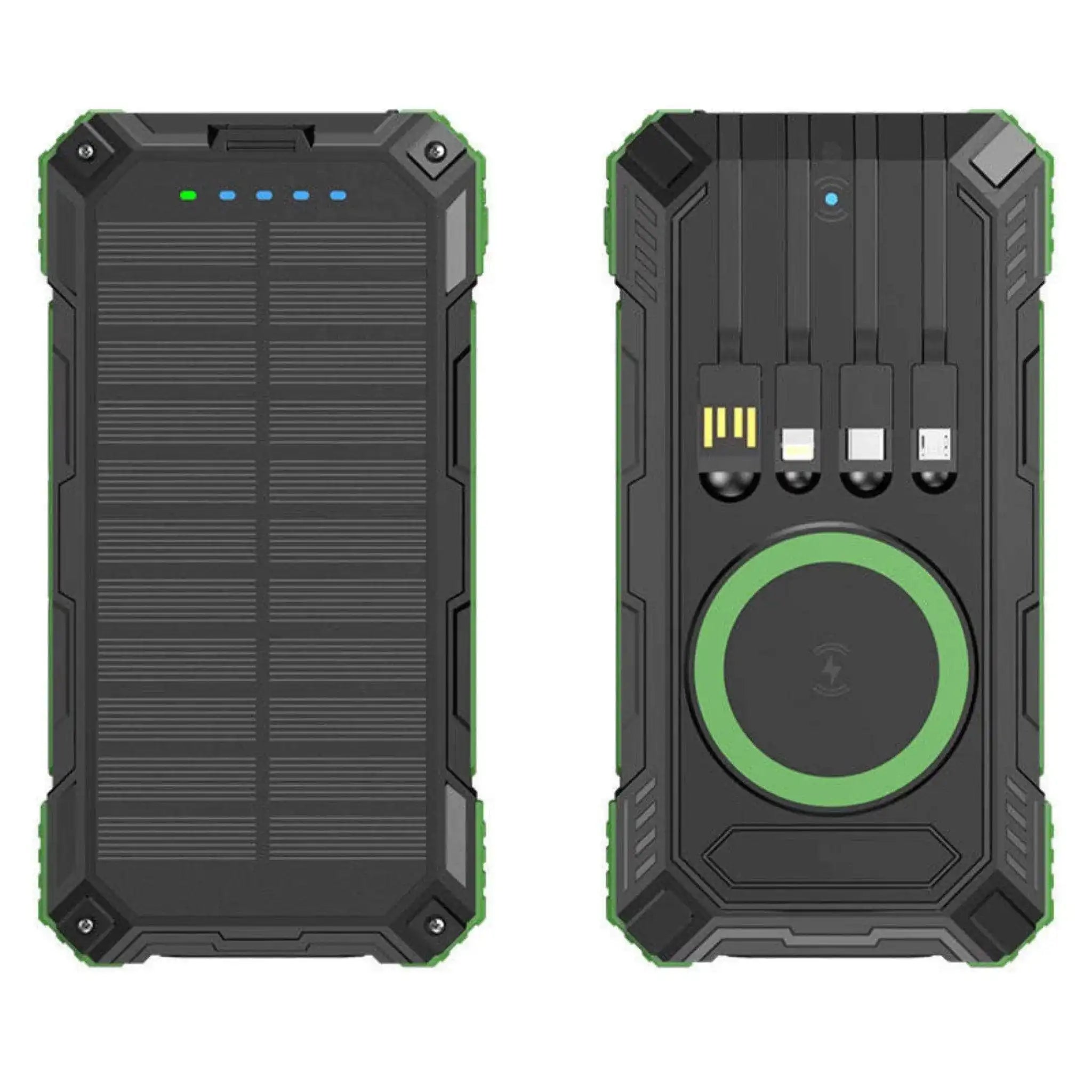 Rugged waterproof solar power bank with USB cables and wireless charging, black-green. TUTT