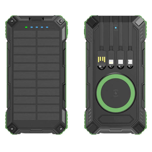 Rugged waterproof solar power bank with USB cables and wireless charging, black-green. TUTT