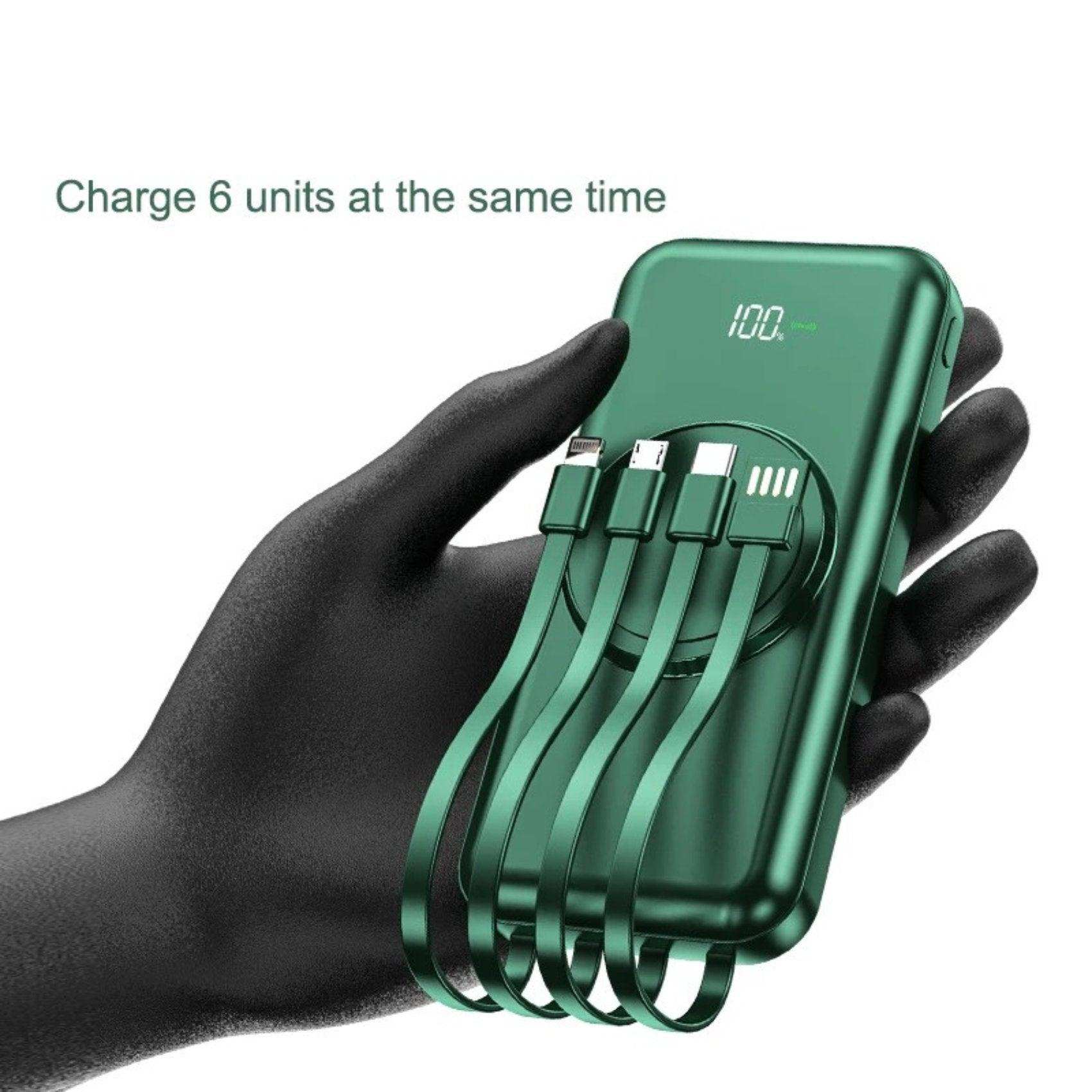 Green 30000mAh wireless portable power bank with built-in cables and LED display, TUTT