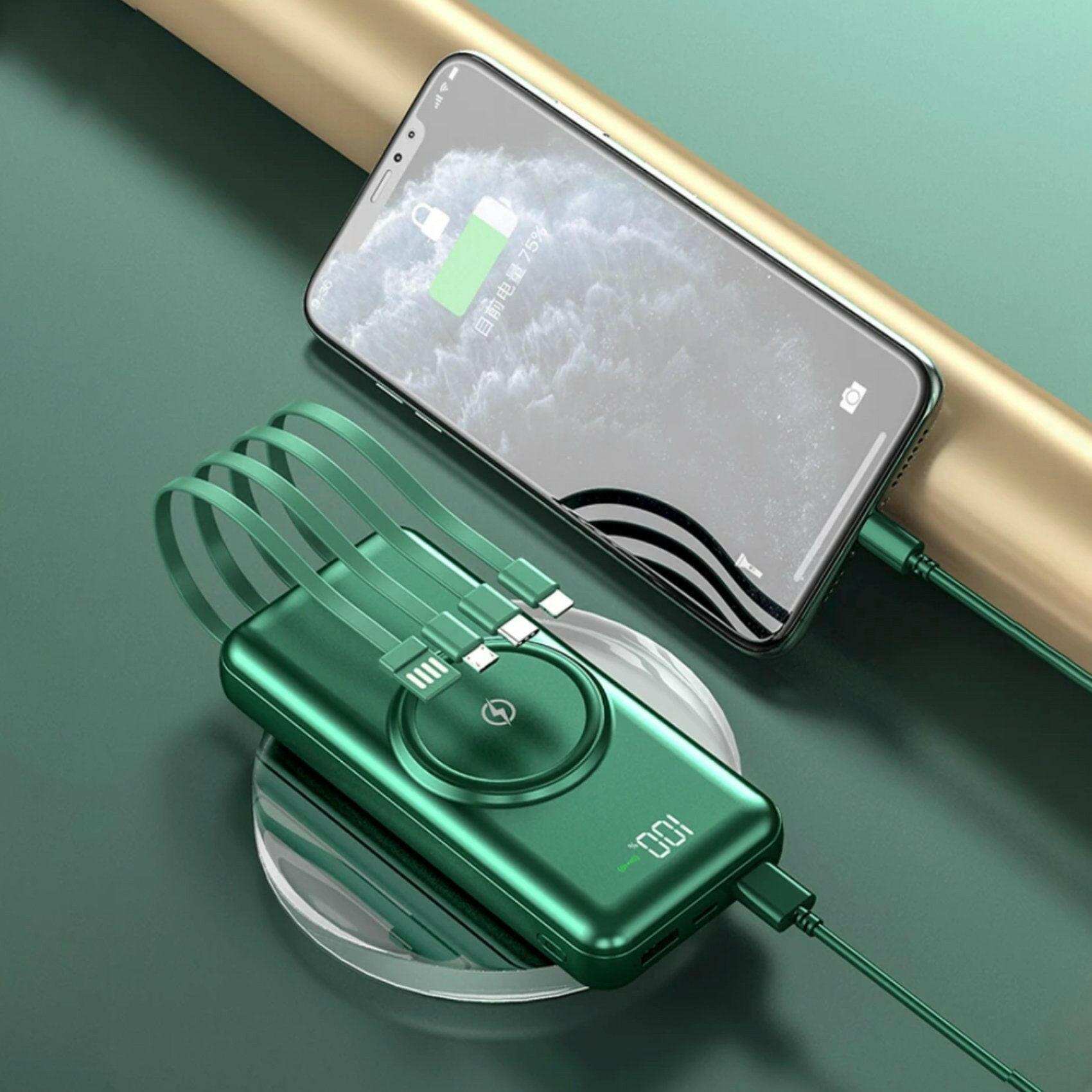 Green wireless power bank with built-in cables, digital display, charging smartphone, TUTT
