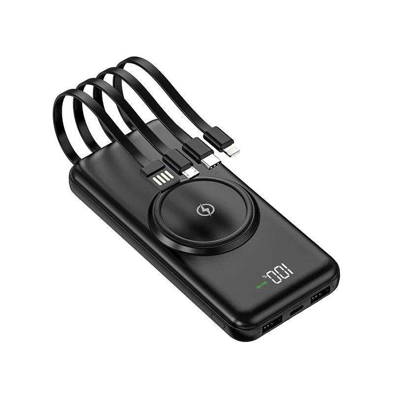 Black 30000mAh wireless portable charger power bank with LED display and built-in cables, TUTT