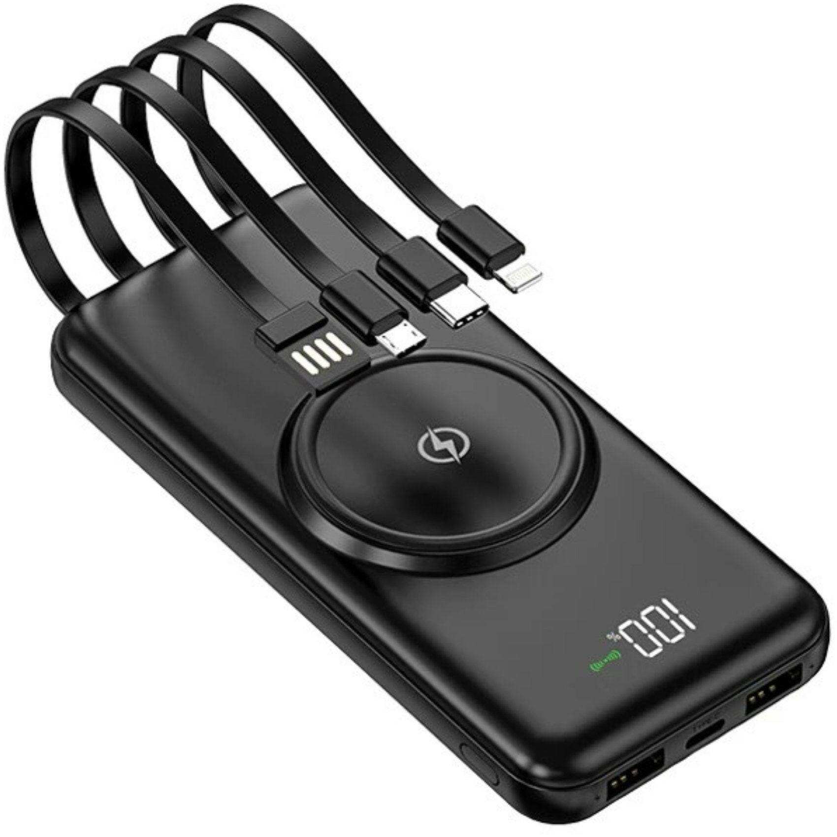 Black 30000mAh wireless portable power bank with built-in 4 cables, LED display TUTT