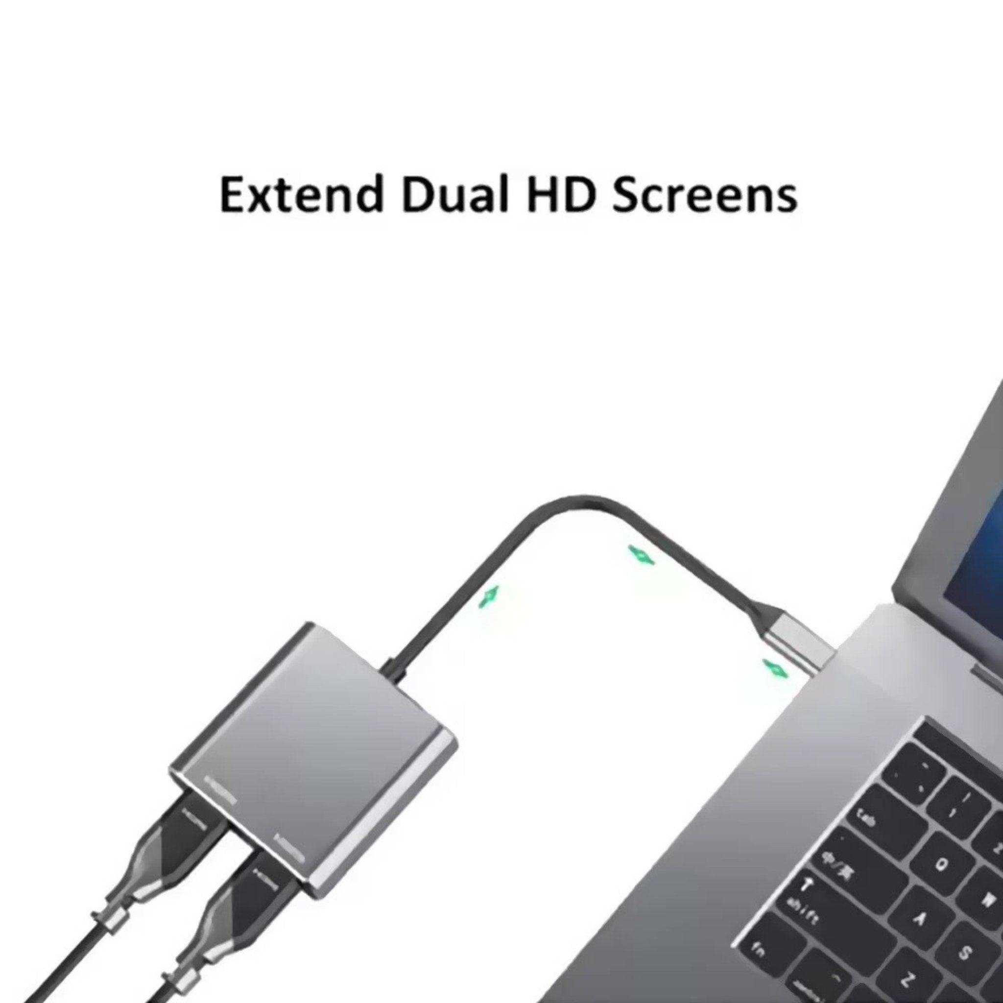 Type-C hub docking station connects laptop to dual HDMI displays, USB 3.0 visible, TUTT