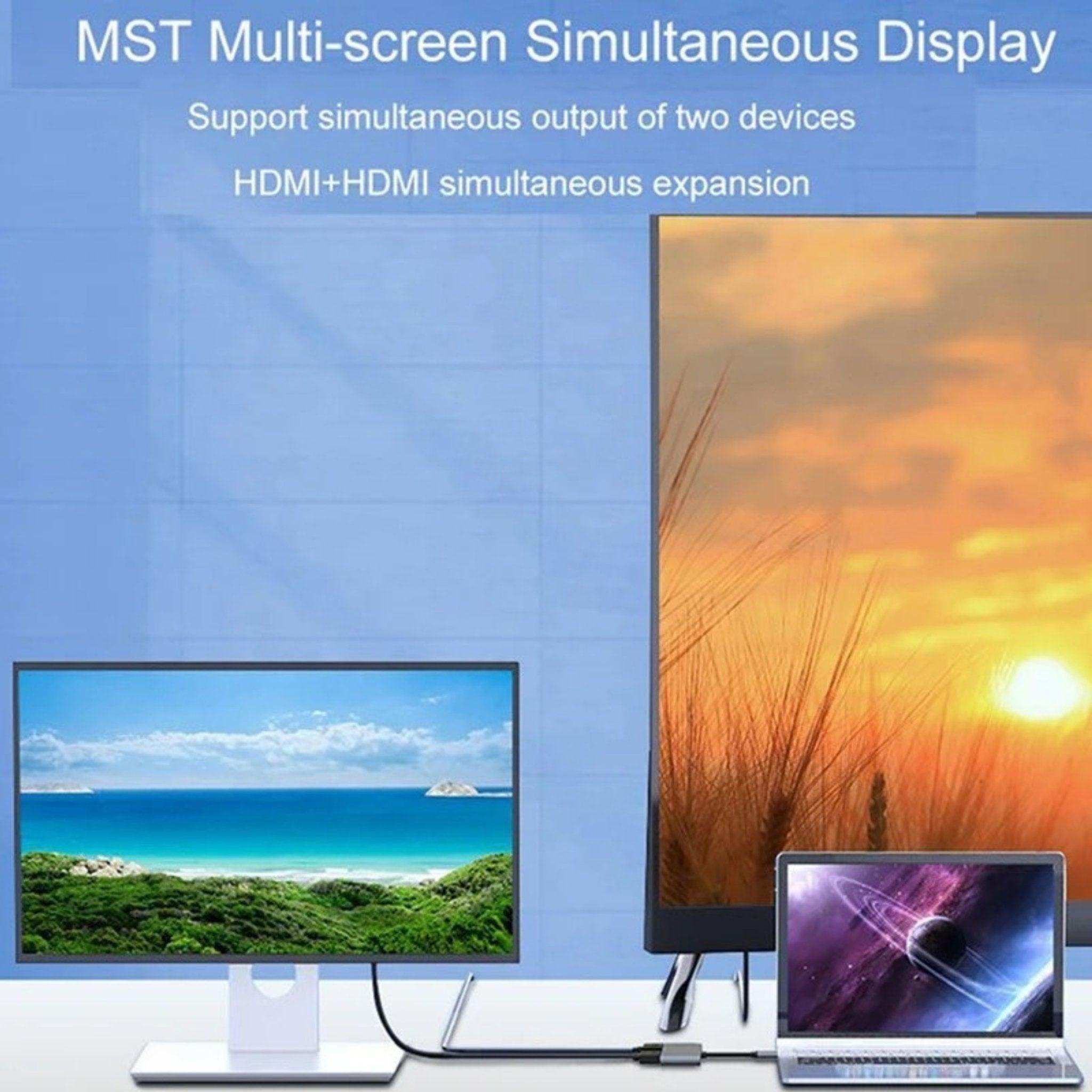MST 4K dual monitor HDMI USB-C hub docking station connected to laptop and two monitors TUTT