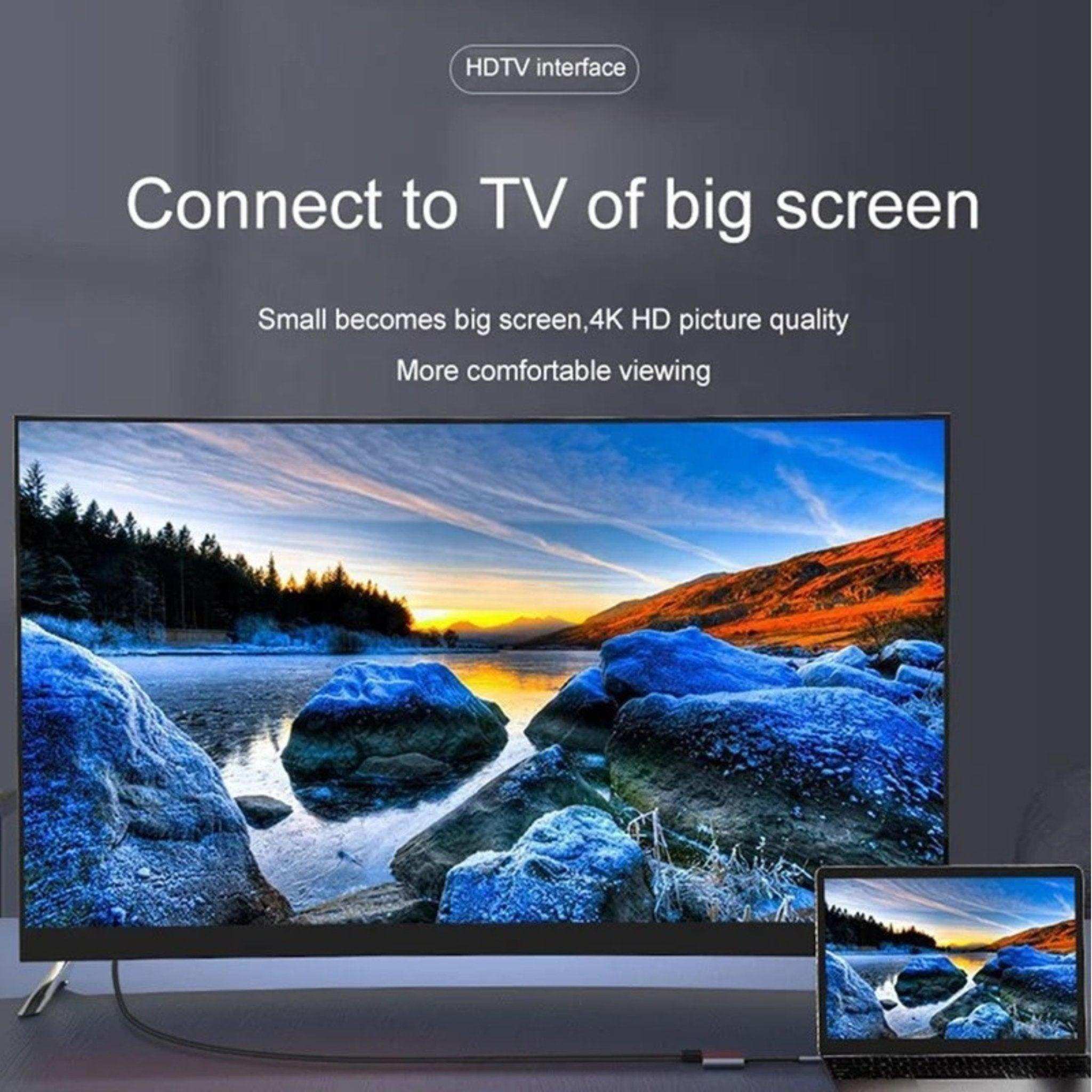 Laptop connected to large 4K HDTV via HDMI Type-C hub docking station, dual monitor display, TUTT